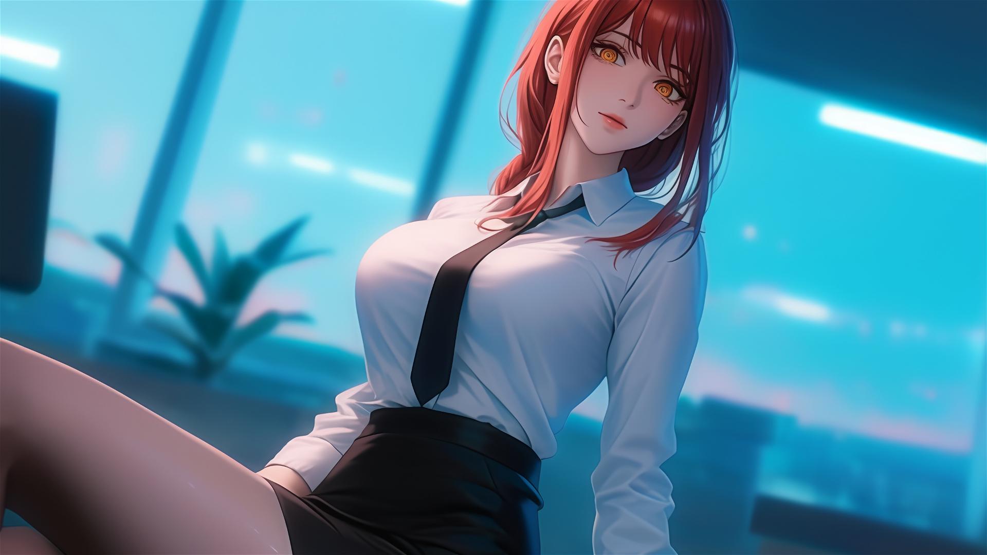Makima looking down in dynamic pose, red hair highlighted, thigh focus