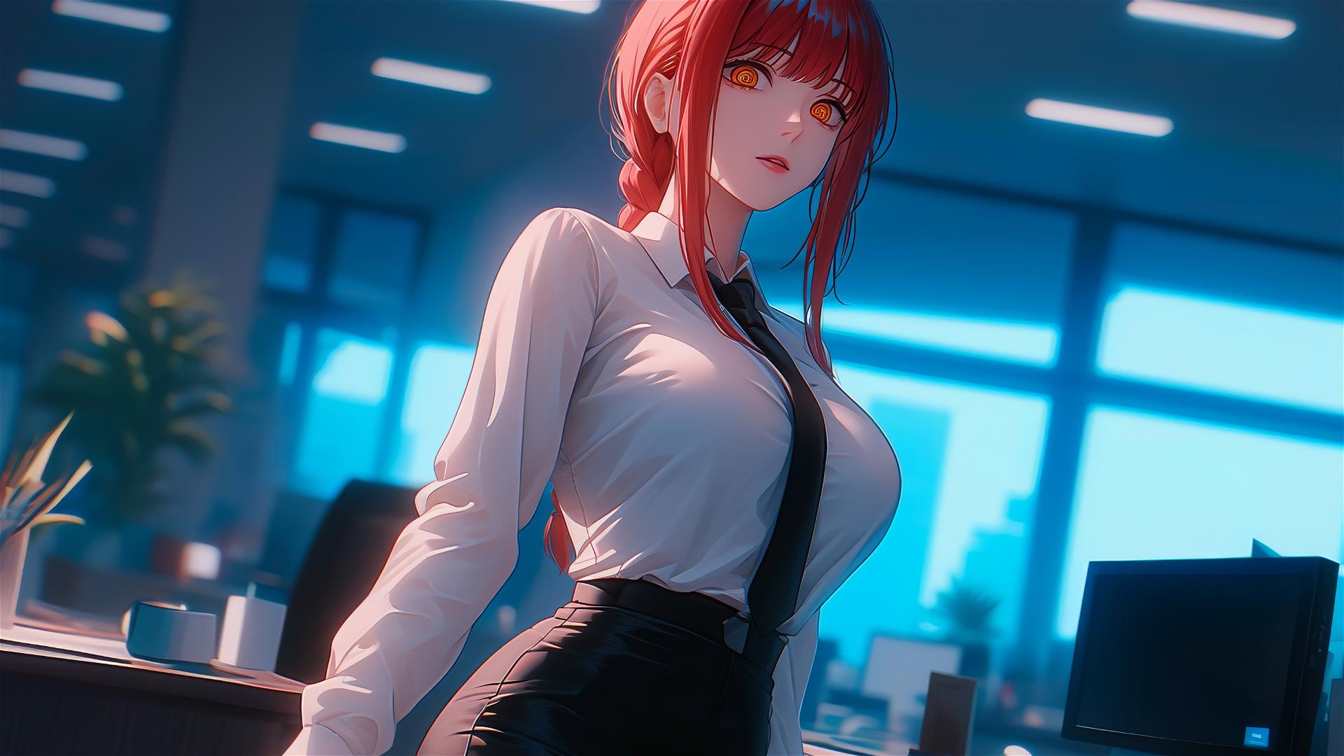 Makima from Chainsaw Man standing in office, thigh focus with reddish hair
