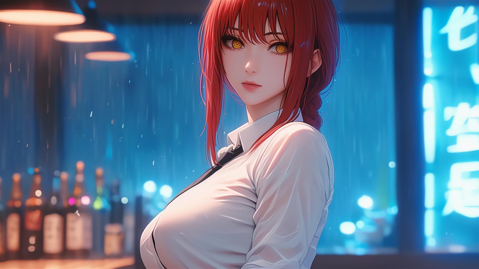 Makima from Chainsaw Man in a bar under moonlight