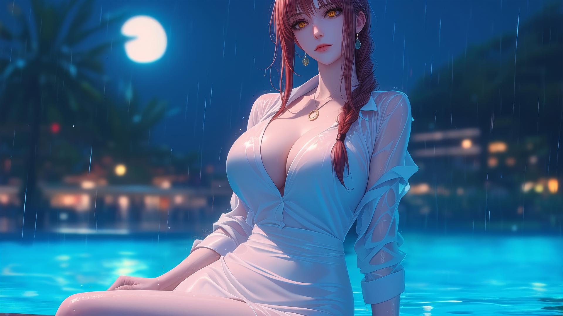 Makima from Chainsaw Man resting by pool in moonlight with pink dress, red blond hair, and heavy rain