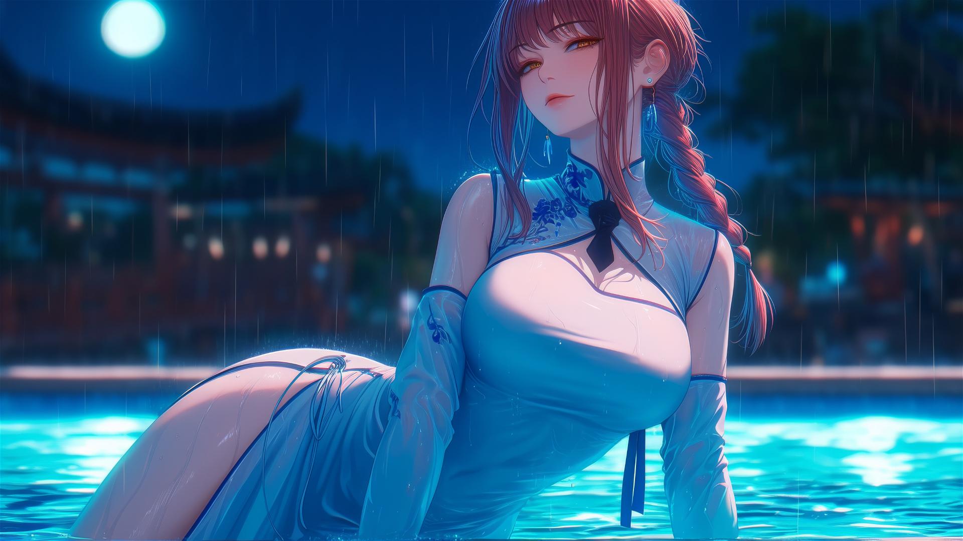 Makima from Chainsaw Man resting by pool under moonlight, rain falling, in pink dress