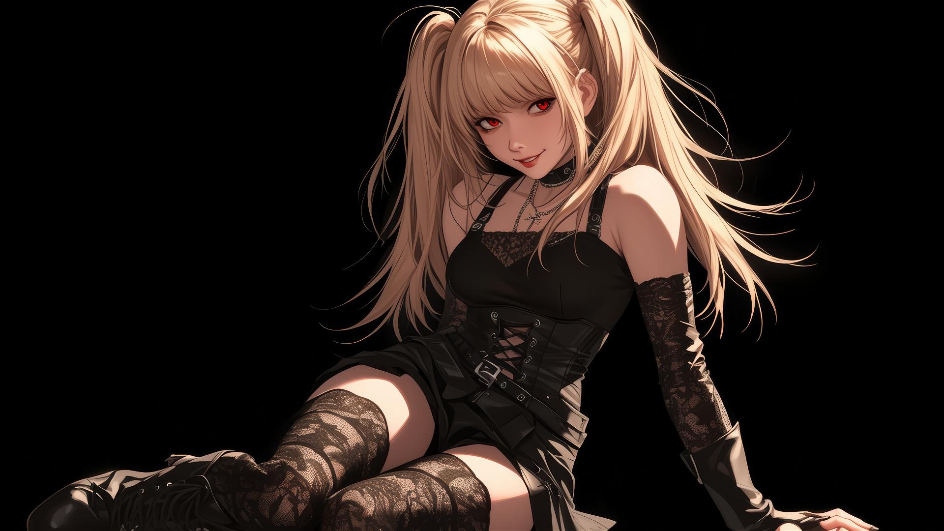 Misa Amane from Death Note with red eyes on dark background