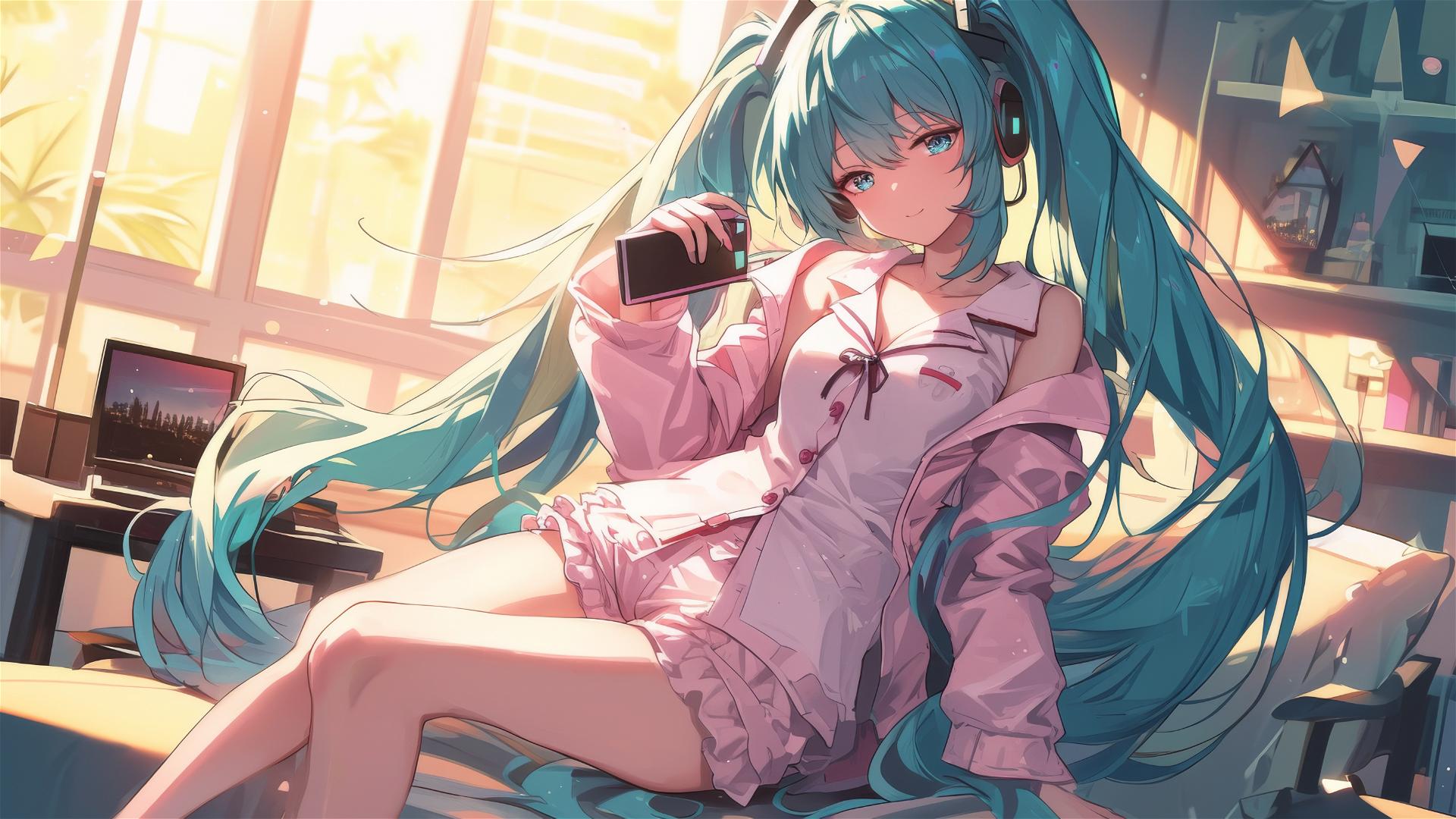 Hatsune Miku leisurely rests at sunrise wearing pink pajamas