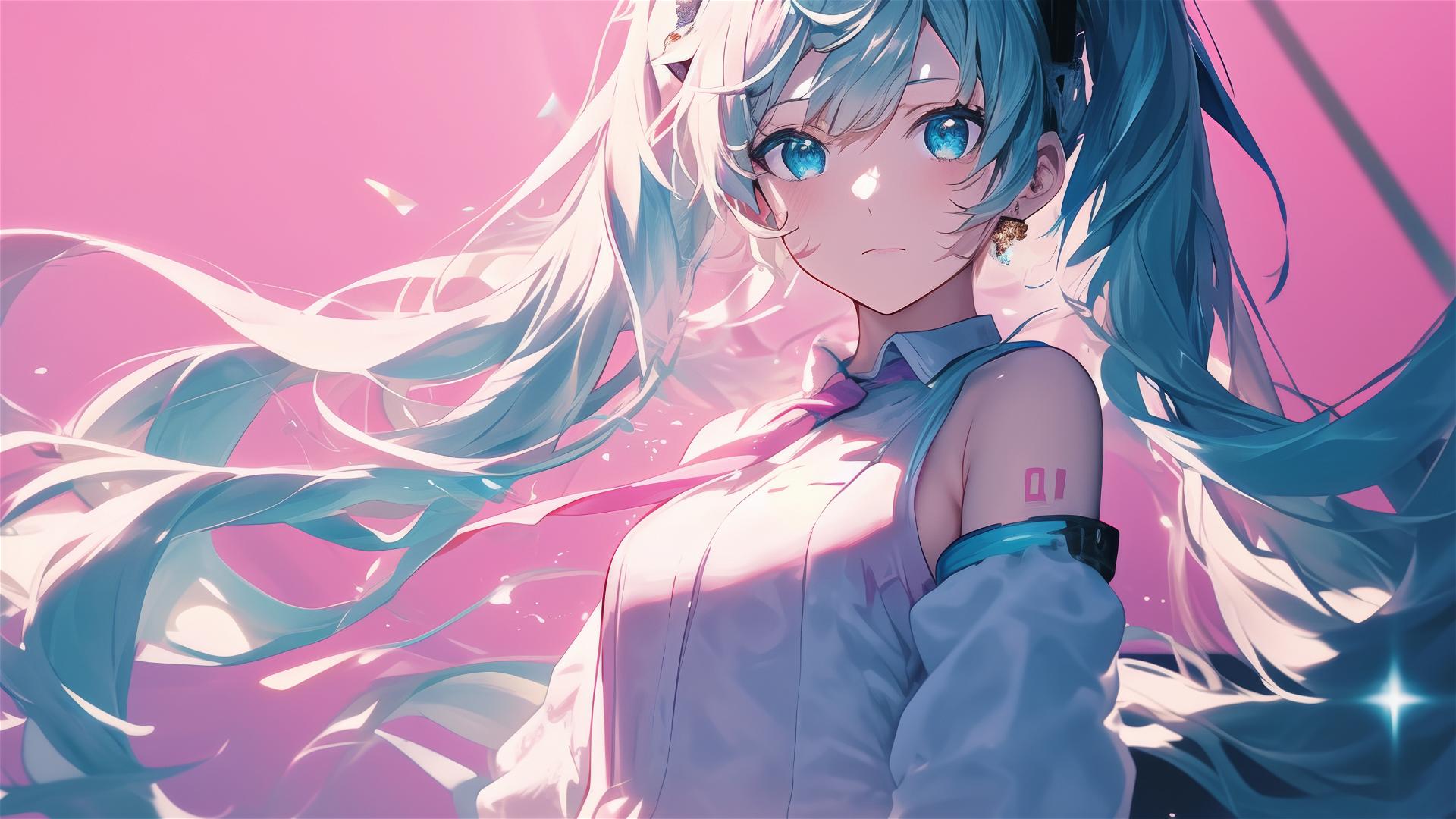 Hatsune Miku on pink backdrop with spotlight