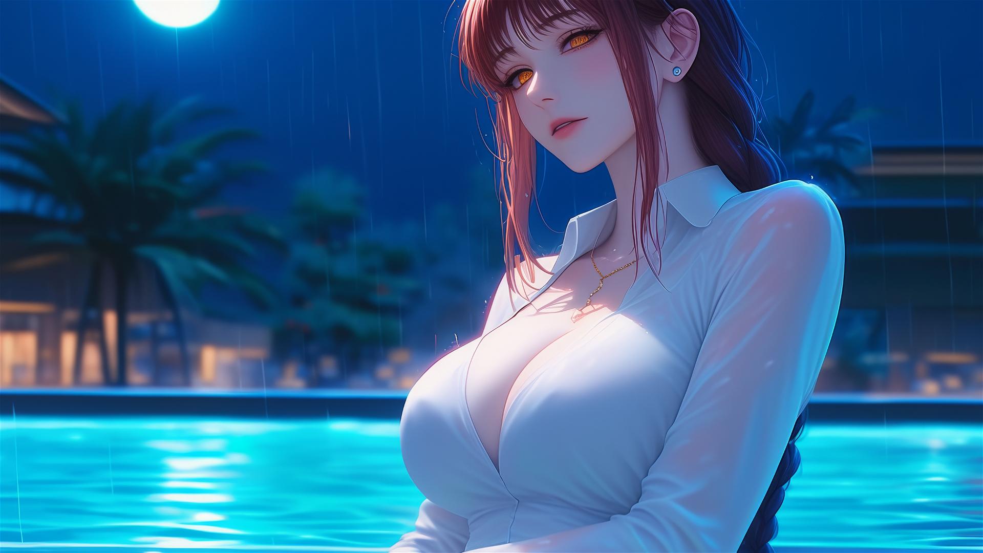 Makima from Chainsaw Man resting by a rainy swimming pool under moonlight, dressed in white with blond and redish hair