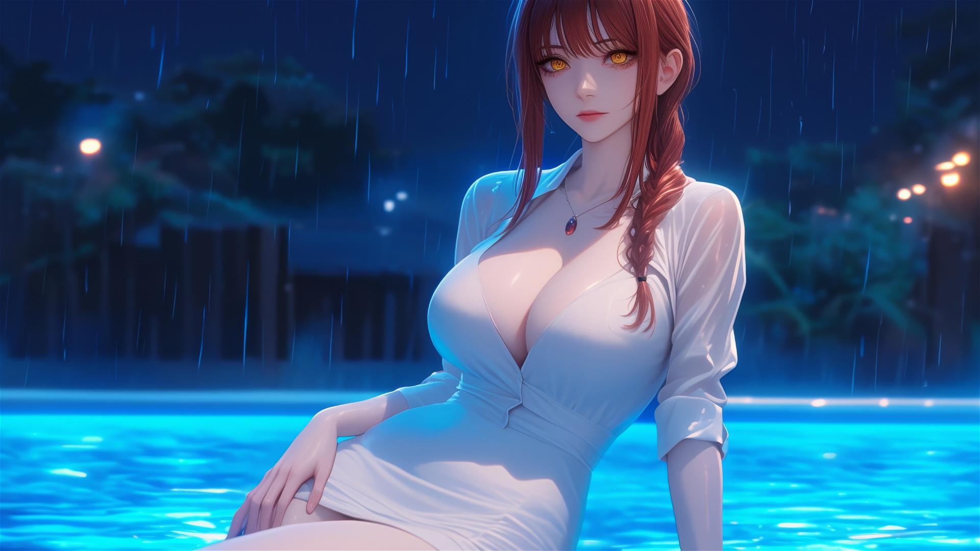 Makima from Chainsaw Man resting by pool in moonlight, white dress, blond-red hair