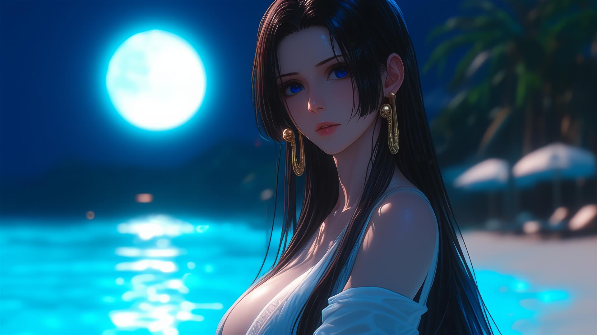 Anime character Boa Hancock from One Piece at a sunny beach with a warm soft glow highlighting her