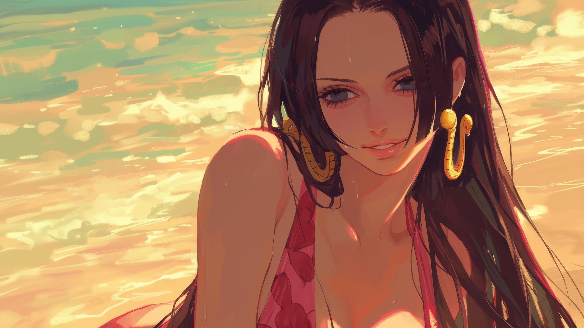 Boa Hancock from One Piece standing leisurely at a sunny beach, illuminated by warm light