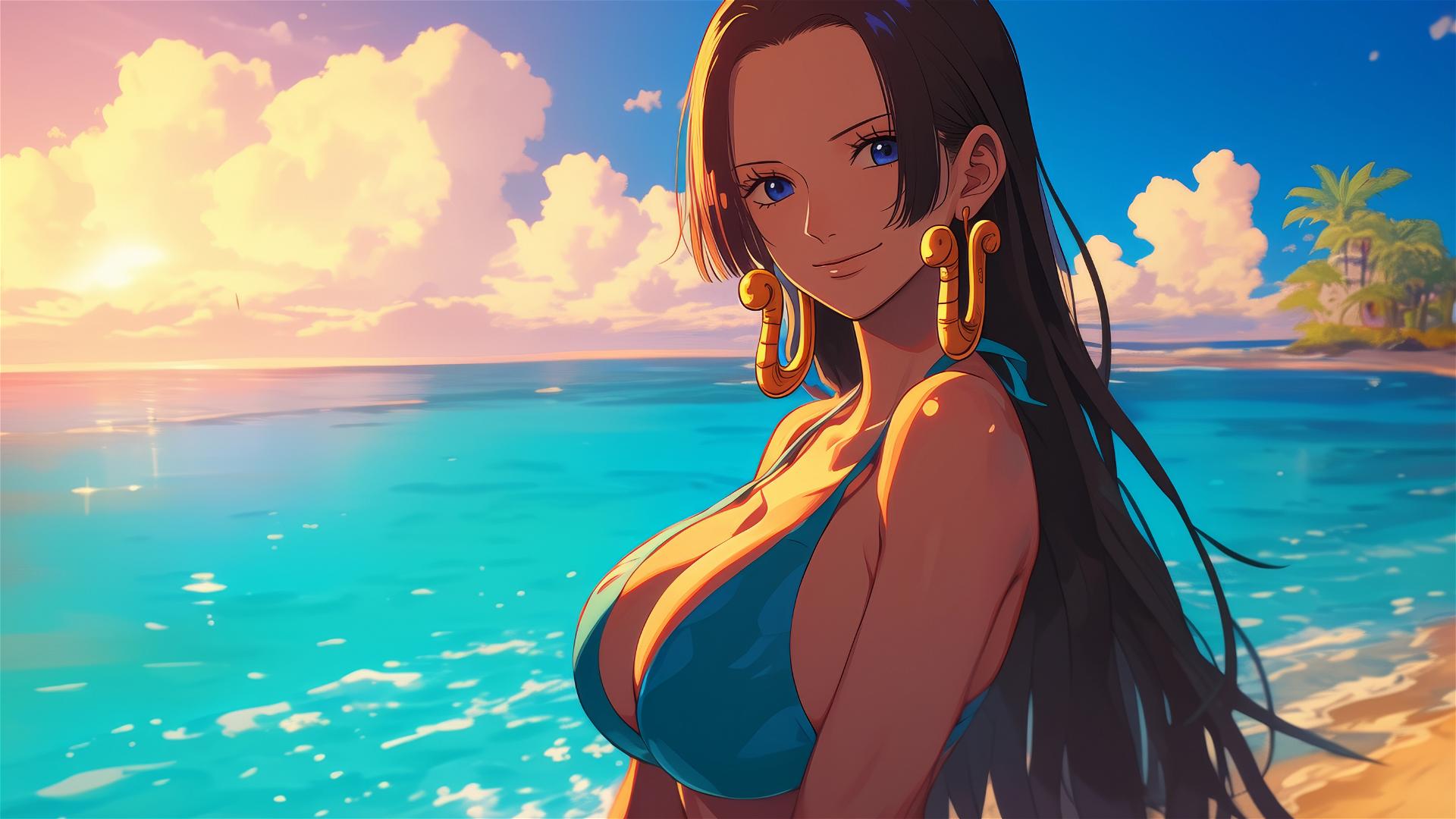 Boa Hancock from One Piece at a sunny beach with warm light glow