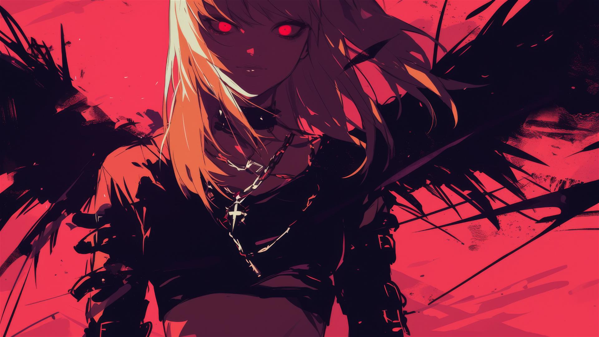 Dark atmosphere with Misa Amane from Death Note, standing boldly with red mysterious eyes, spotlight from below