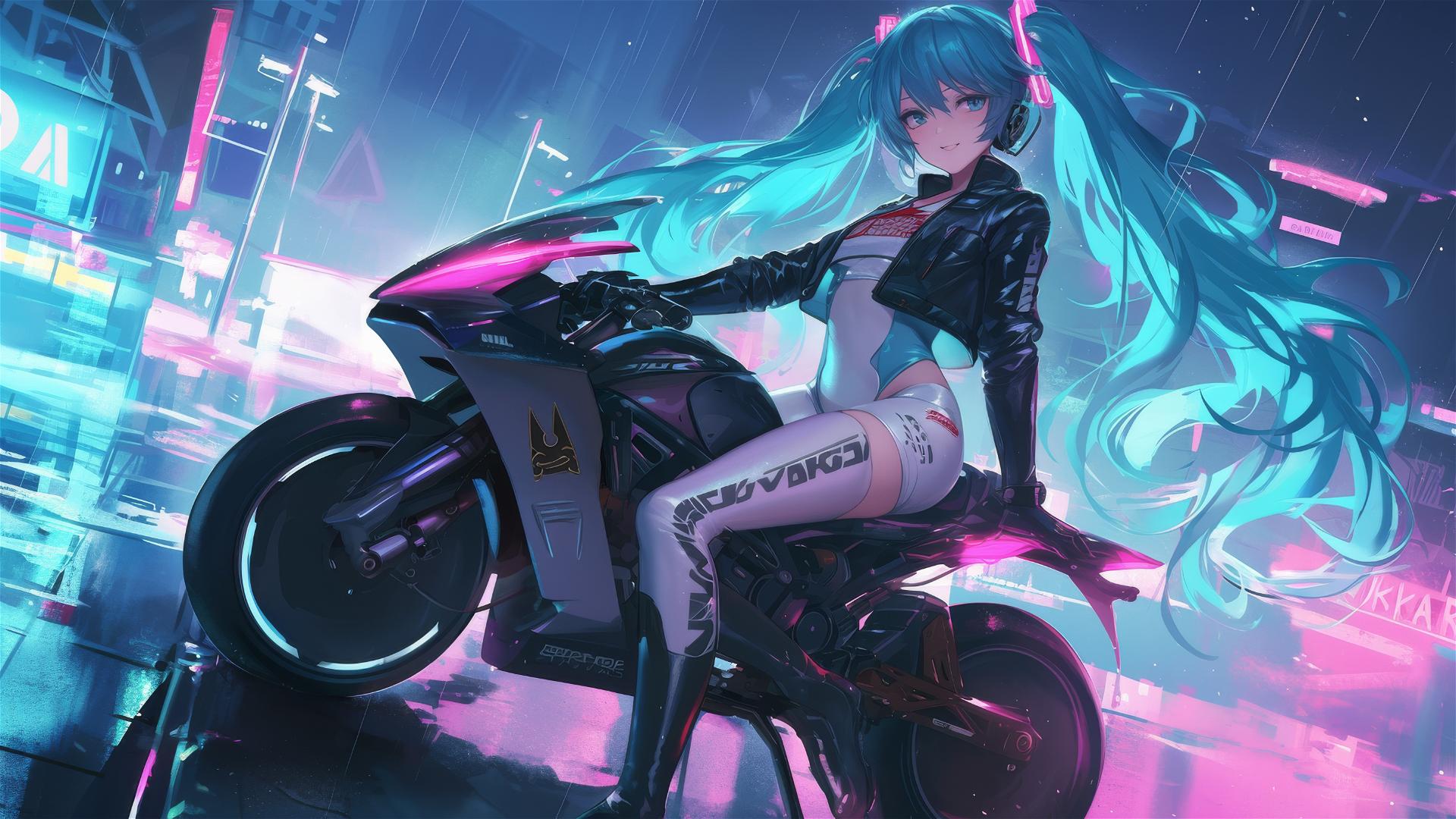 Hatsune Miku in a futuristic racer outfit leaning against a hoverbike under neon lights
