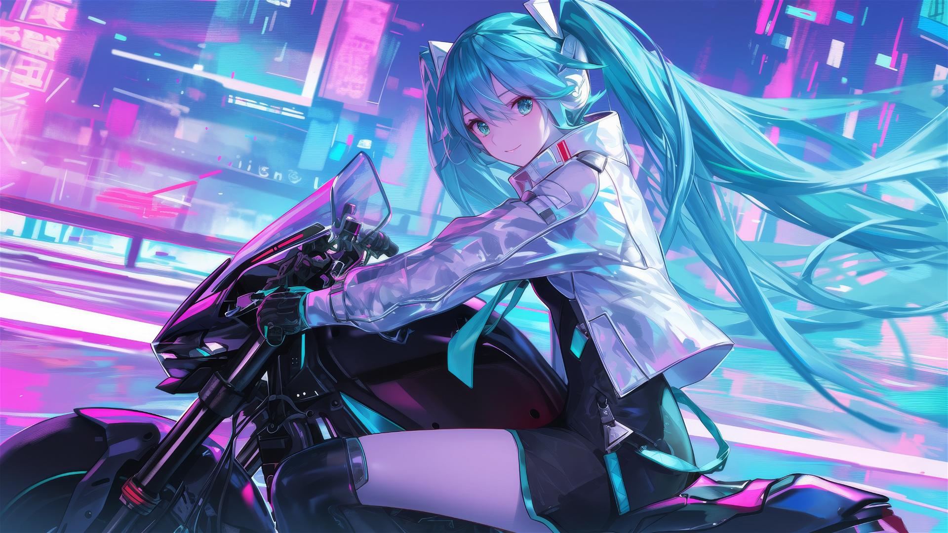 Hatsune Miku, Vocaloid character in racer outfit near hoverbike under neon lights