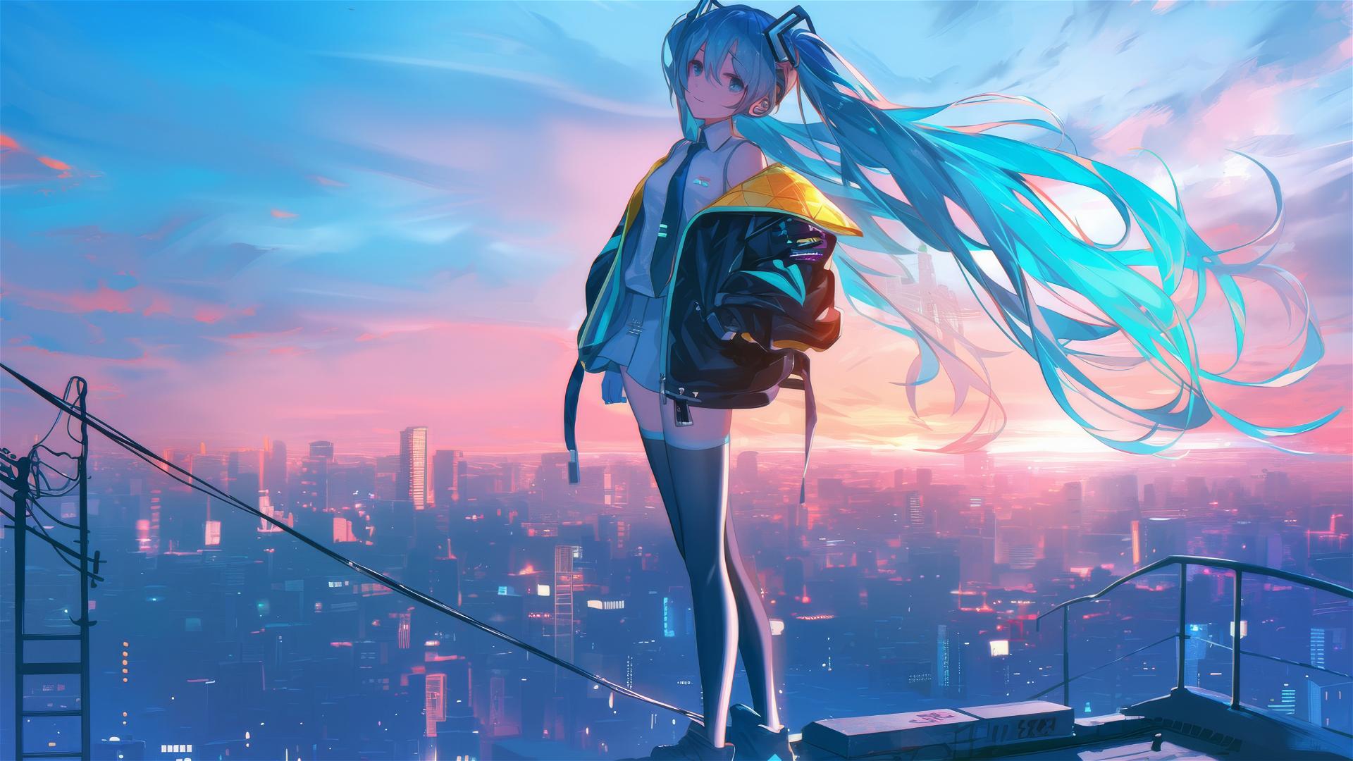 Hatsune Miku from Vocaloid donned in neon cyberpunk attire on a bustling city rooftop during twilight