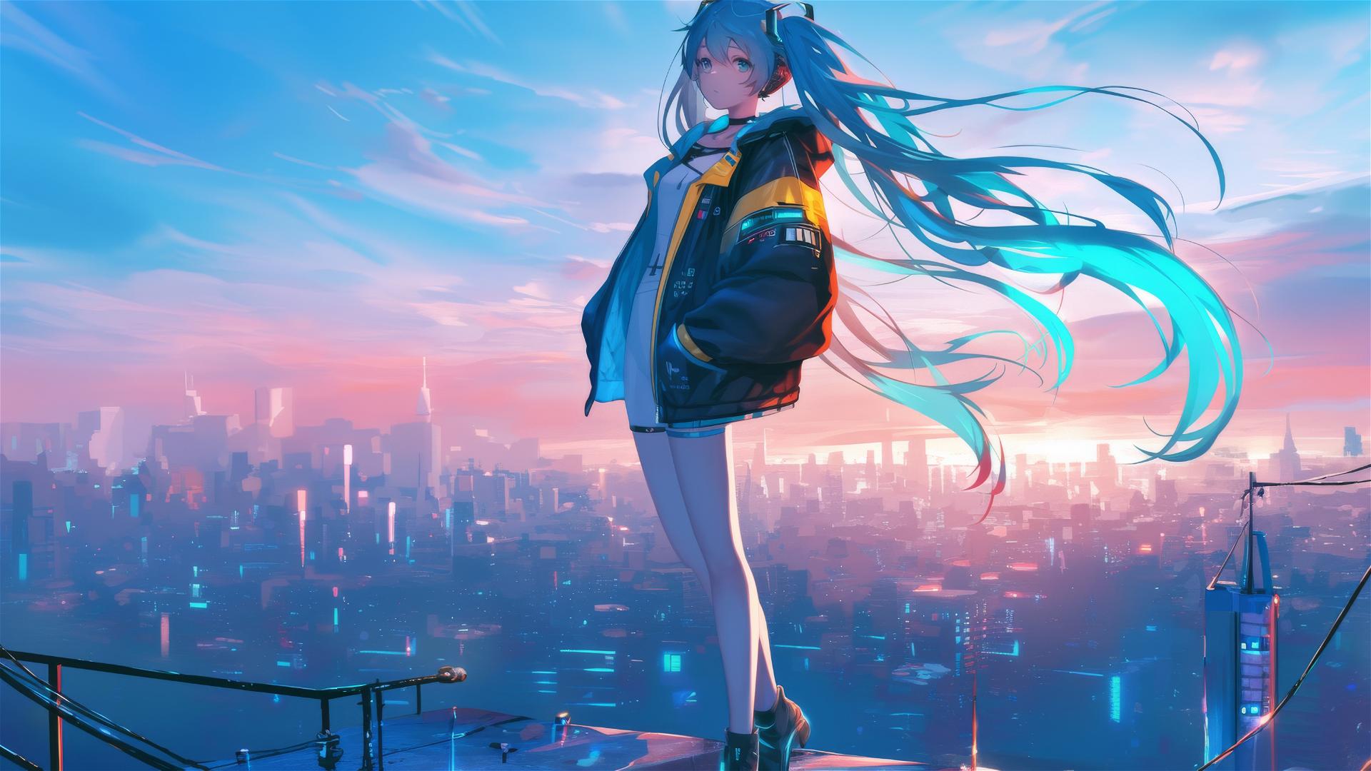 Hatsune Miku in cyberpunk outfit on city rooftop at dusk