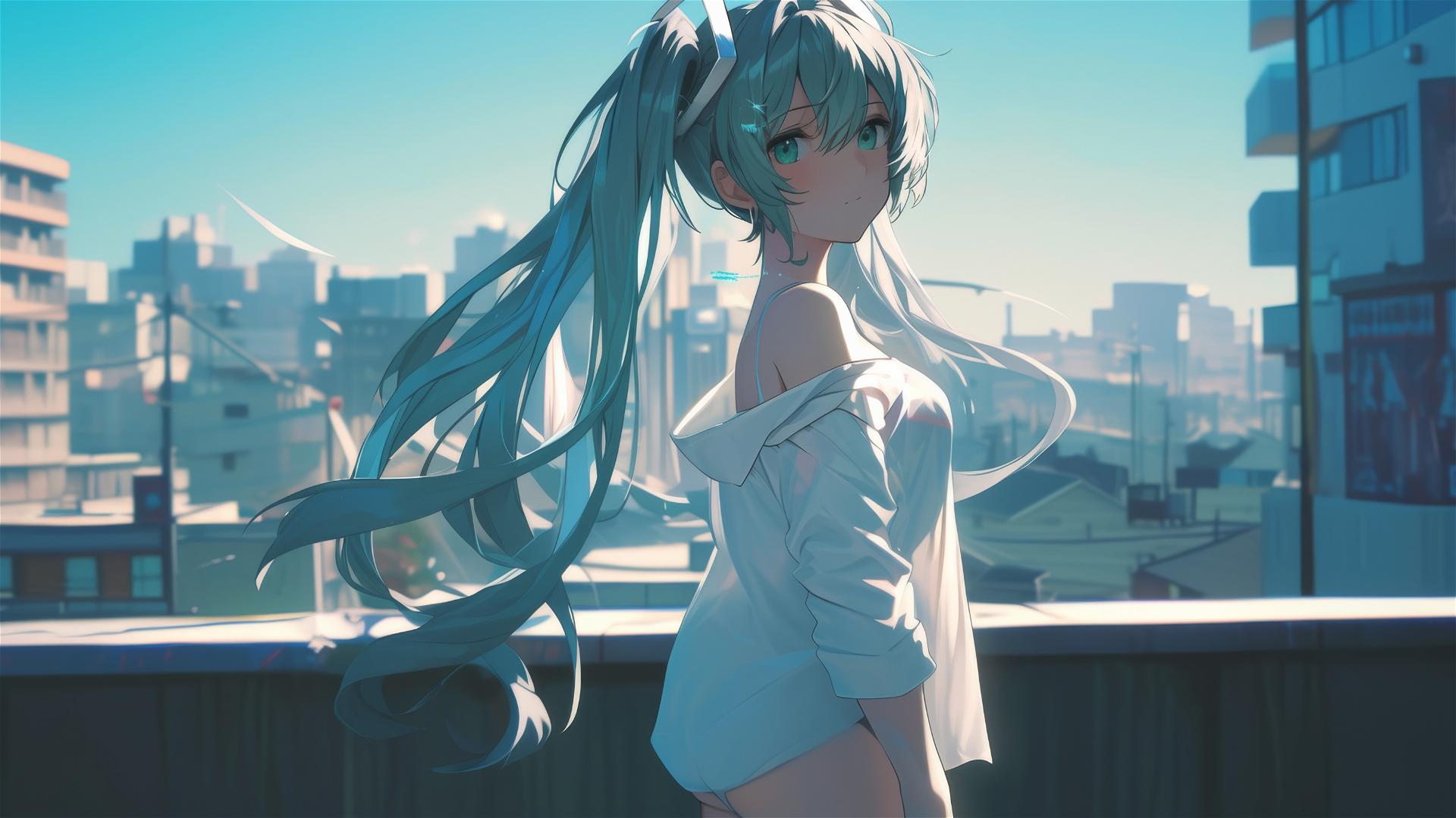 Hatsune Miku from Vocaloid in a white shirt, relaxed, with a blurred urban background