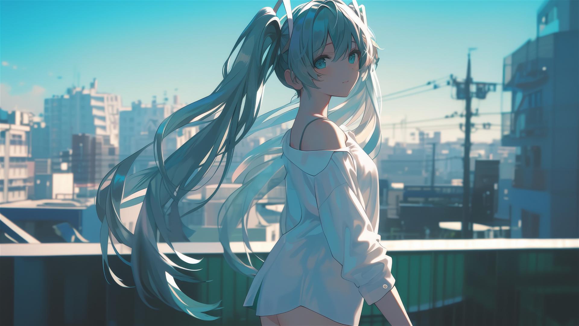 Hatsune Miku from Vocaloid in a modern white shirt with a blurred urban landscape background in sunny light