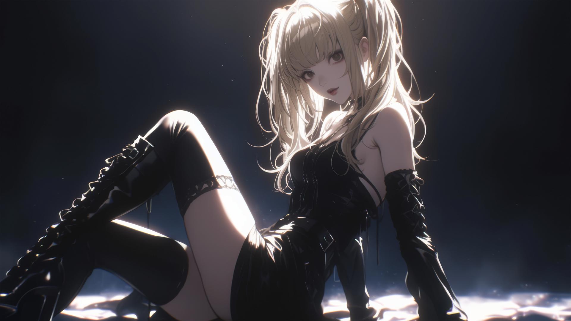 Isolated shot of Misa Amane from Death Note on dark background with dynamic pose and spotlight effect