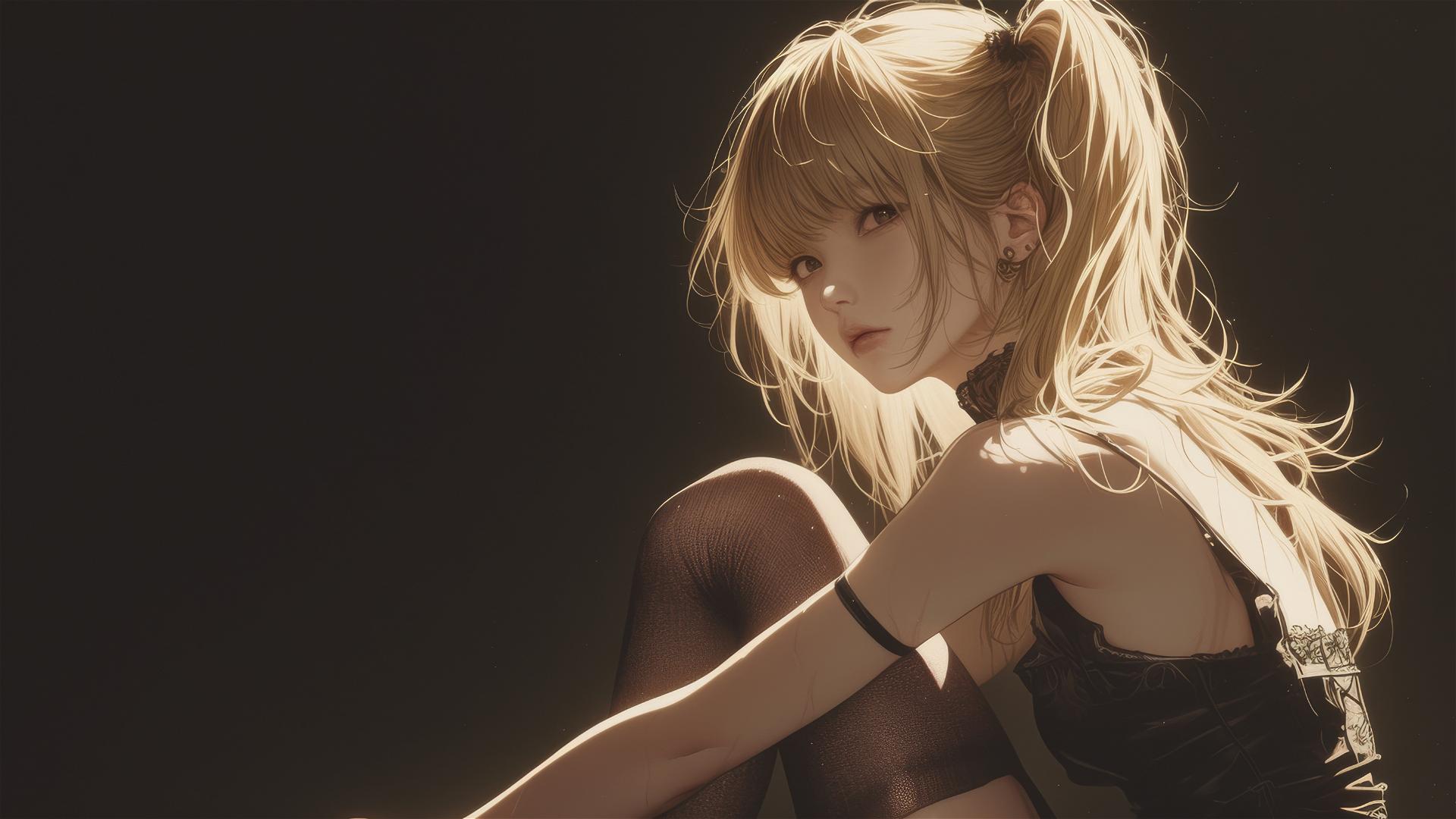 Isolated shot of Misa Amane from Death Note on a dark background, in a dynamic pose with spotlight effect