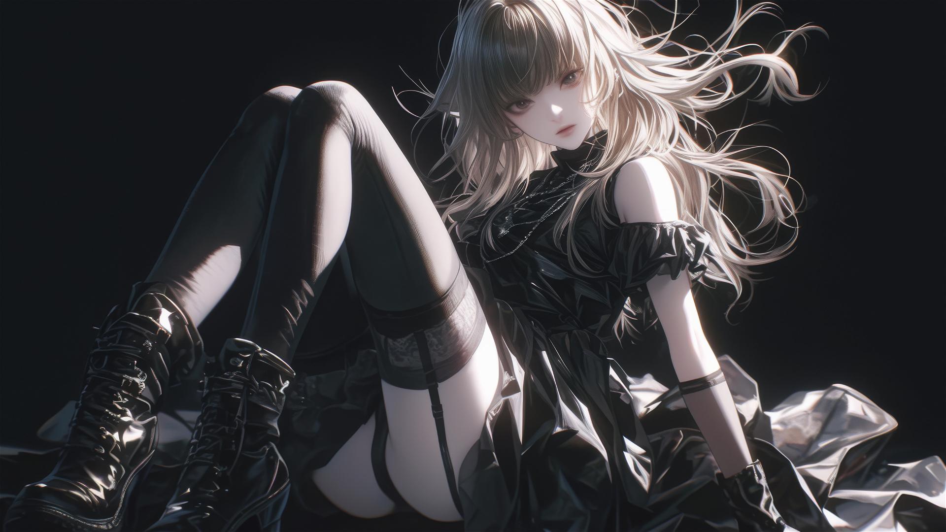 Misa Amane from Death Note on a dark background in a dynamic pose with spotlight effect