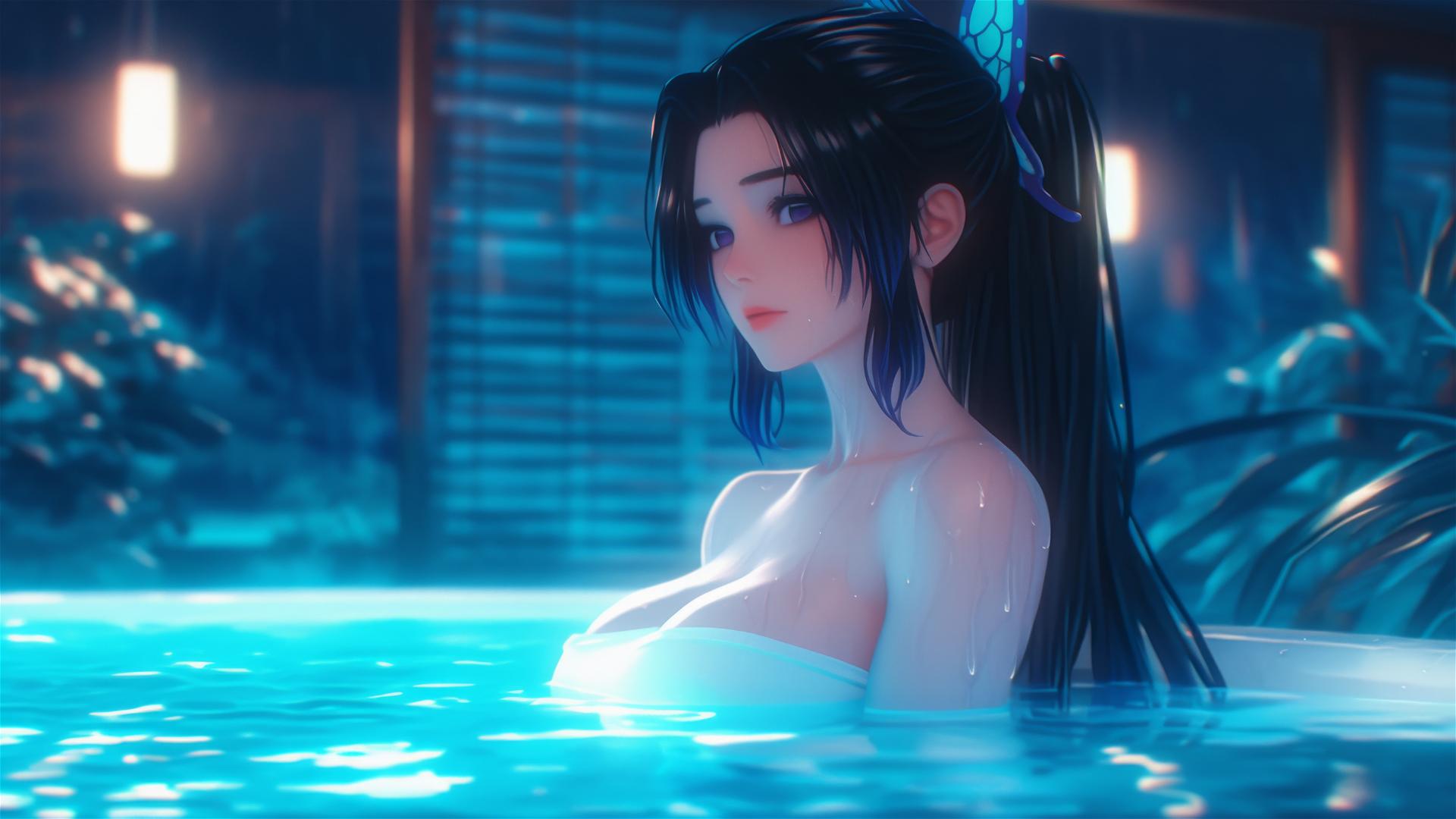 Anime character Shinobu Kocho in a soft moonlit glow, resting in a tub
