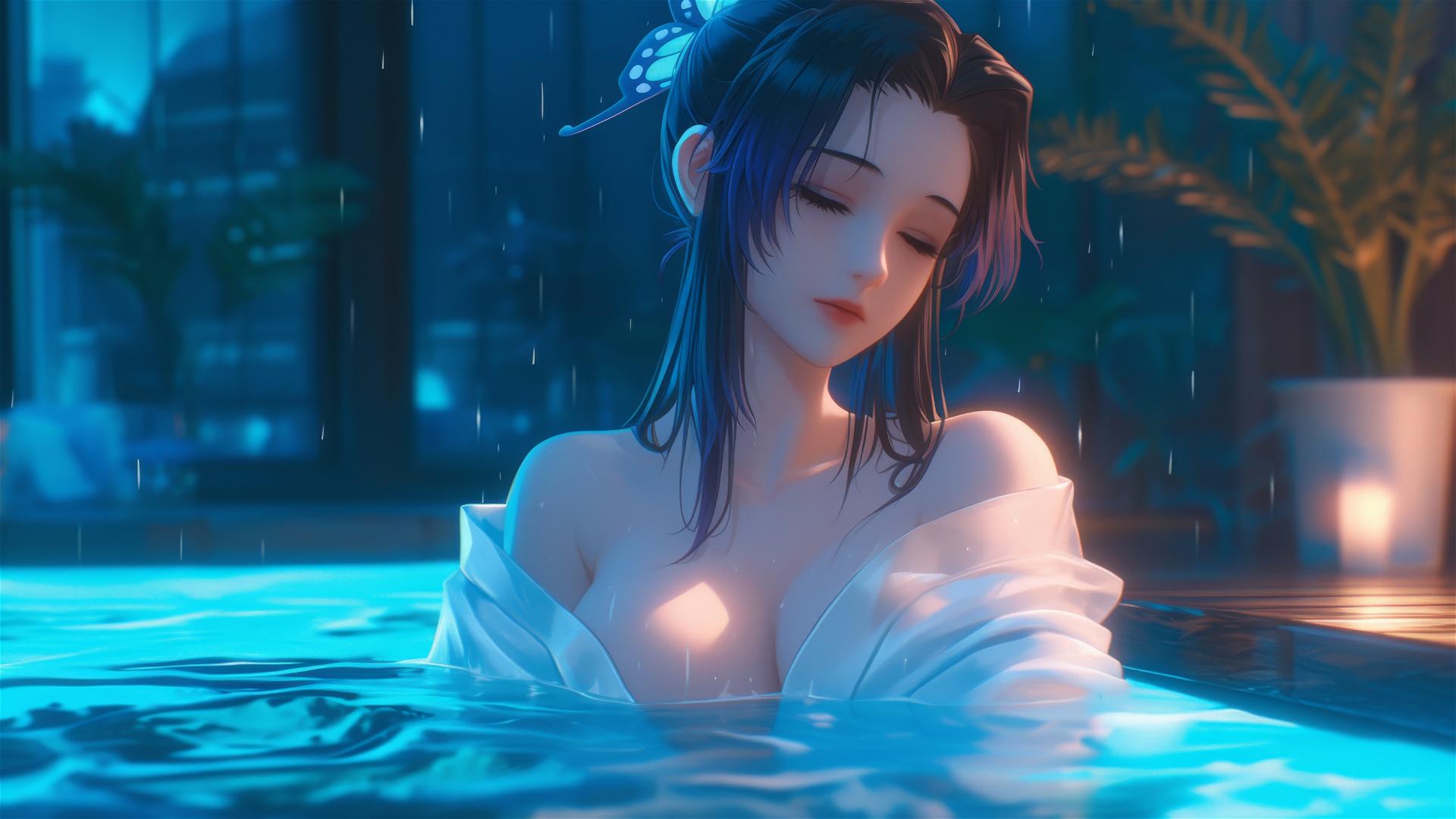 Shinobu Kocho resting in a moonlit tub