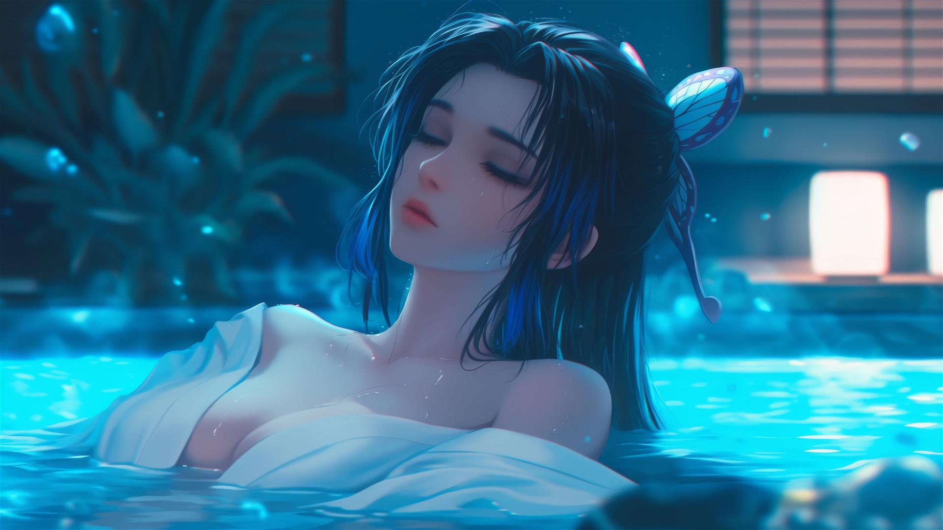 Shinobu Kocho from Demon Slayer restfully occupying a tub, luminated by gentle moonlight