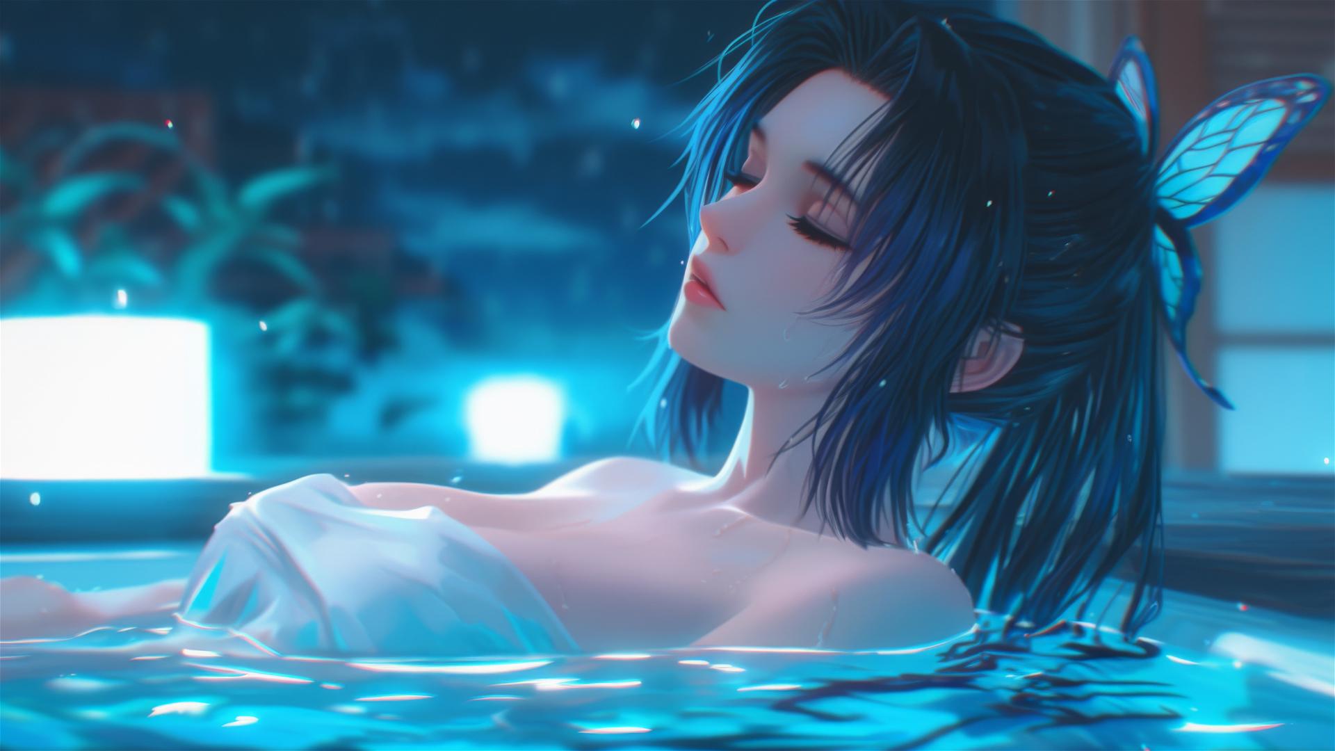 Shinobu Kocho from Demon Slayer resting in a tub under moonlight