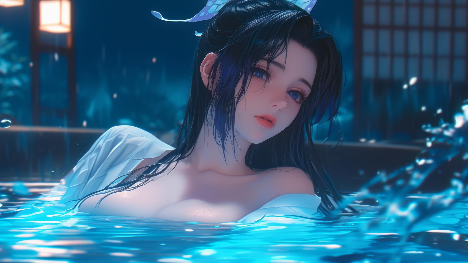 Shinobu Kocho from Demon Slayer, relaxing in apartment tub under moonlight