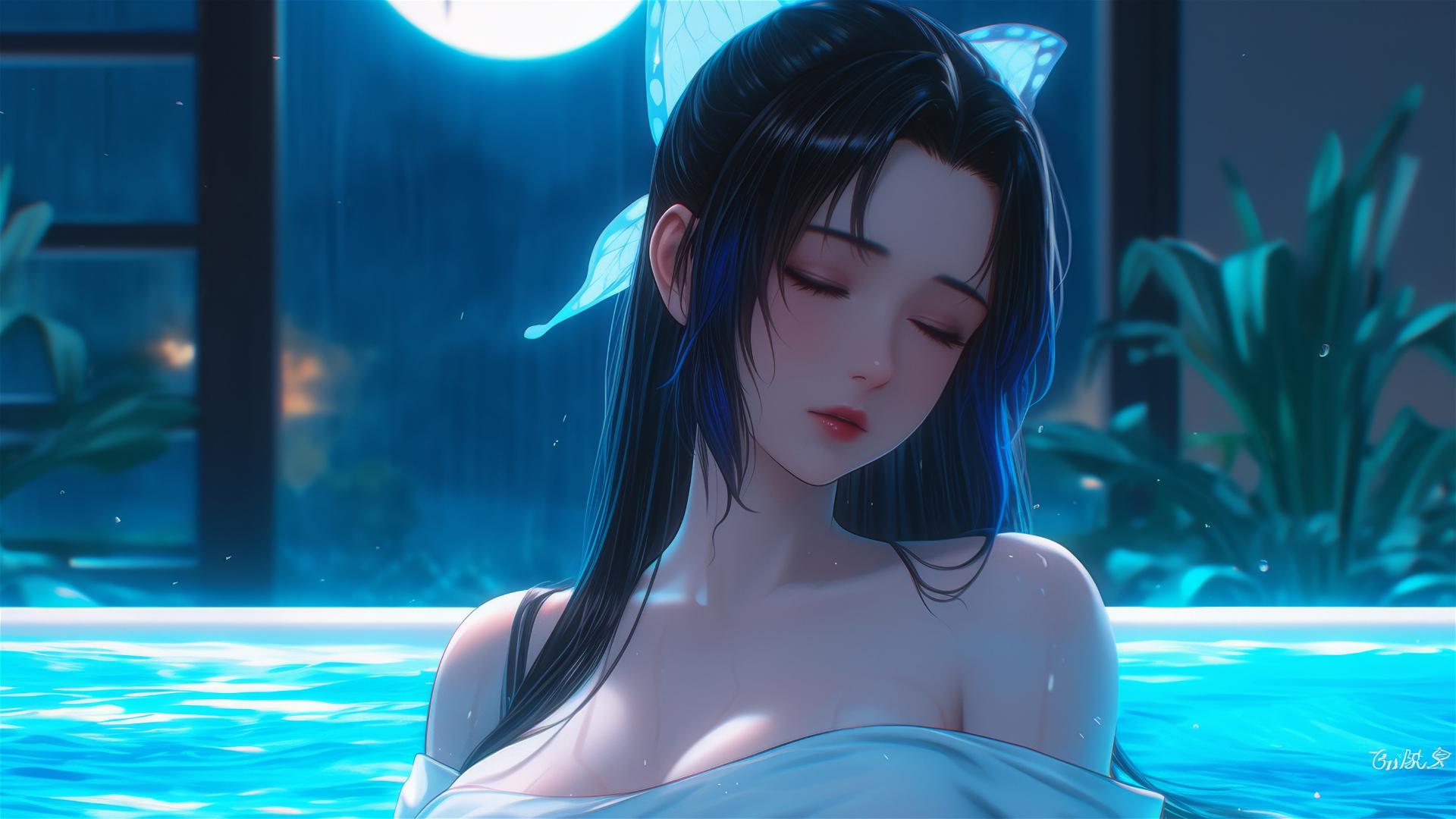 Shinobu Kocho from Demon Slayer resting in a tub with moonlight casting a soft glow