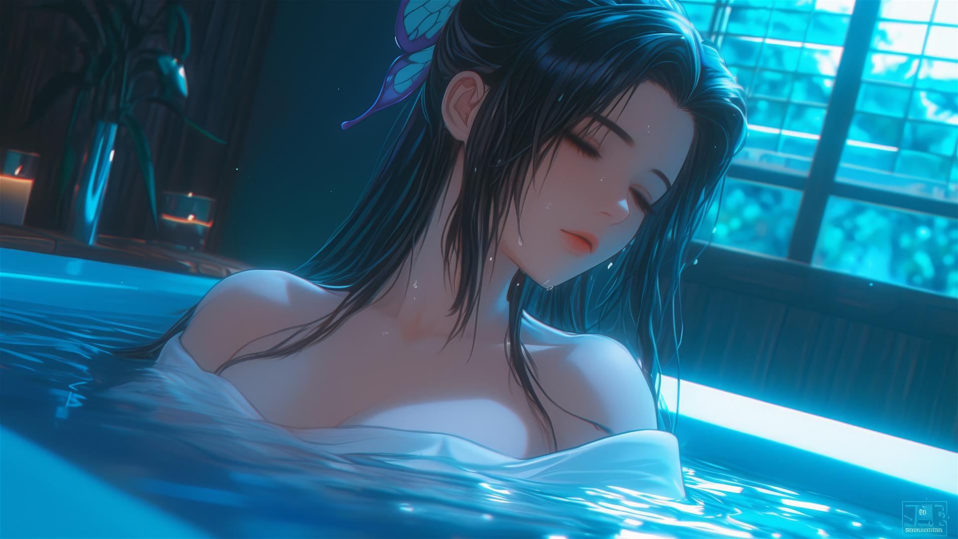 Shinobu Kocho from Demon Slayer resting in tub under moonlight