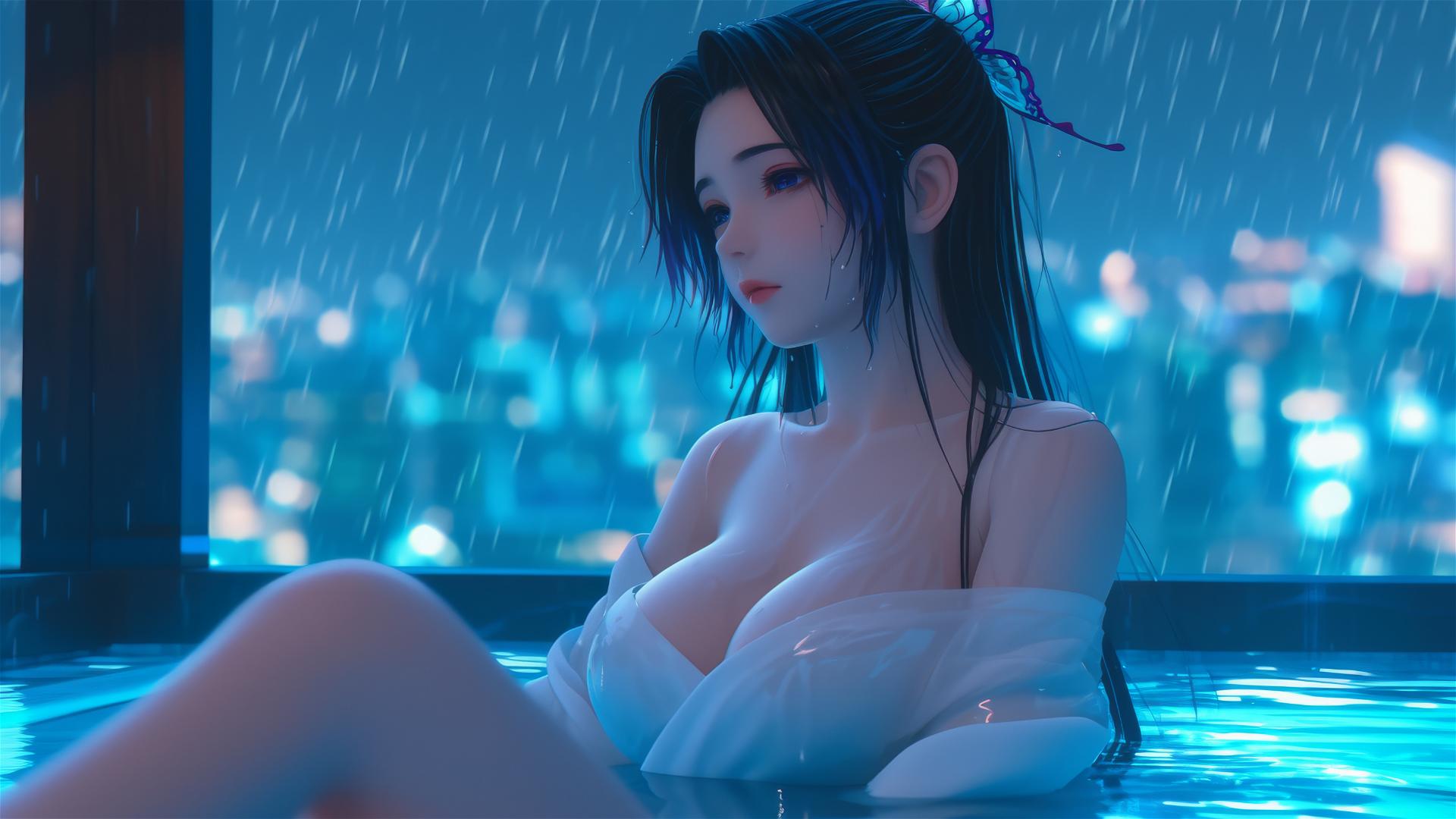 Shinobu Kocho from Demon Slayer, resting in a tub under soft moonlight