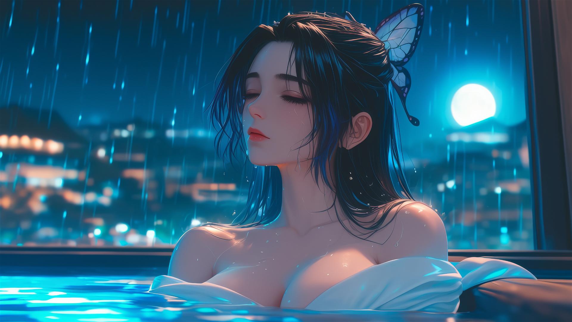 Shinobu Kocho relaxing in tub with moonlight