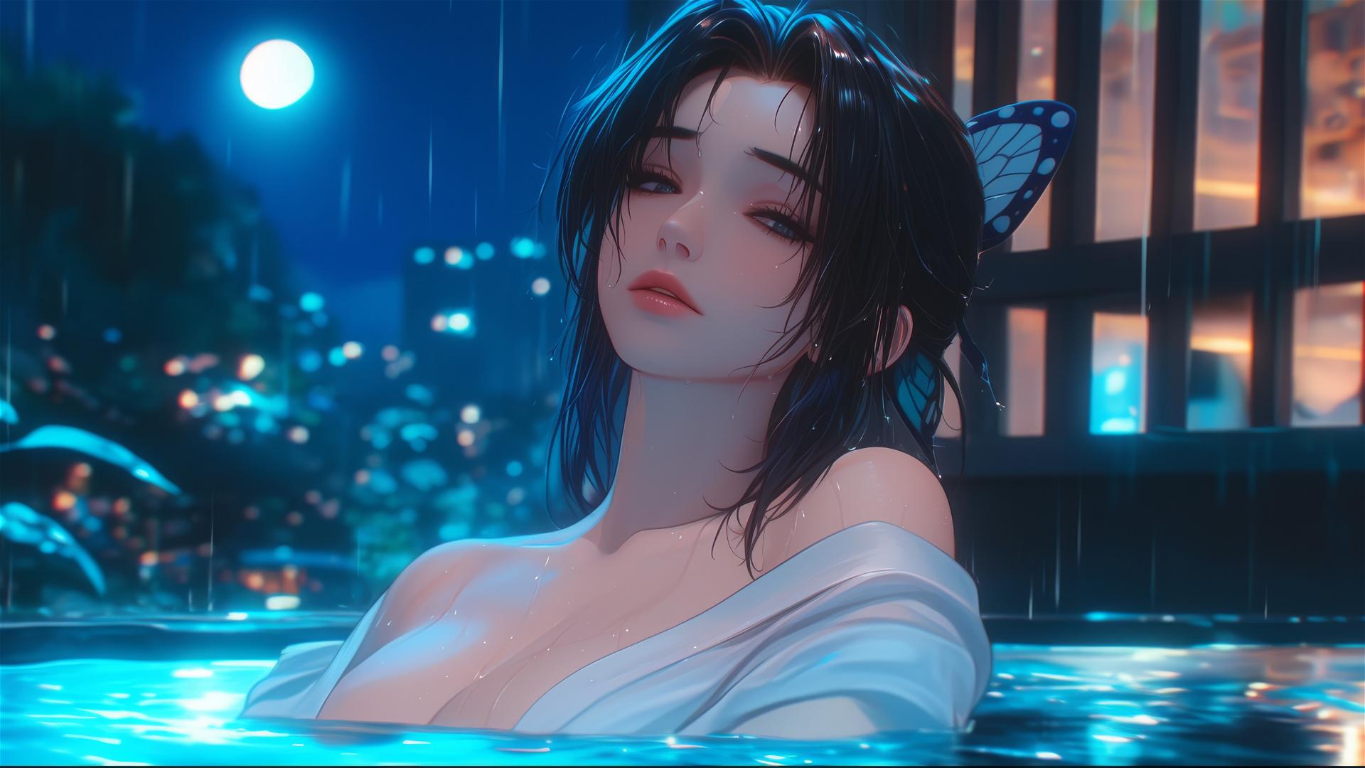 Shinobu Kocho from Demon Slayer, resting leisurely in apartment tub under moonlight