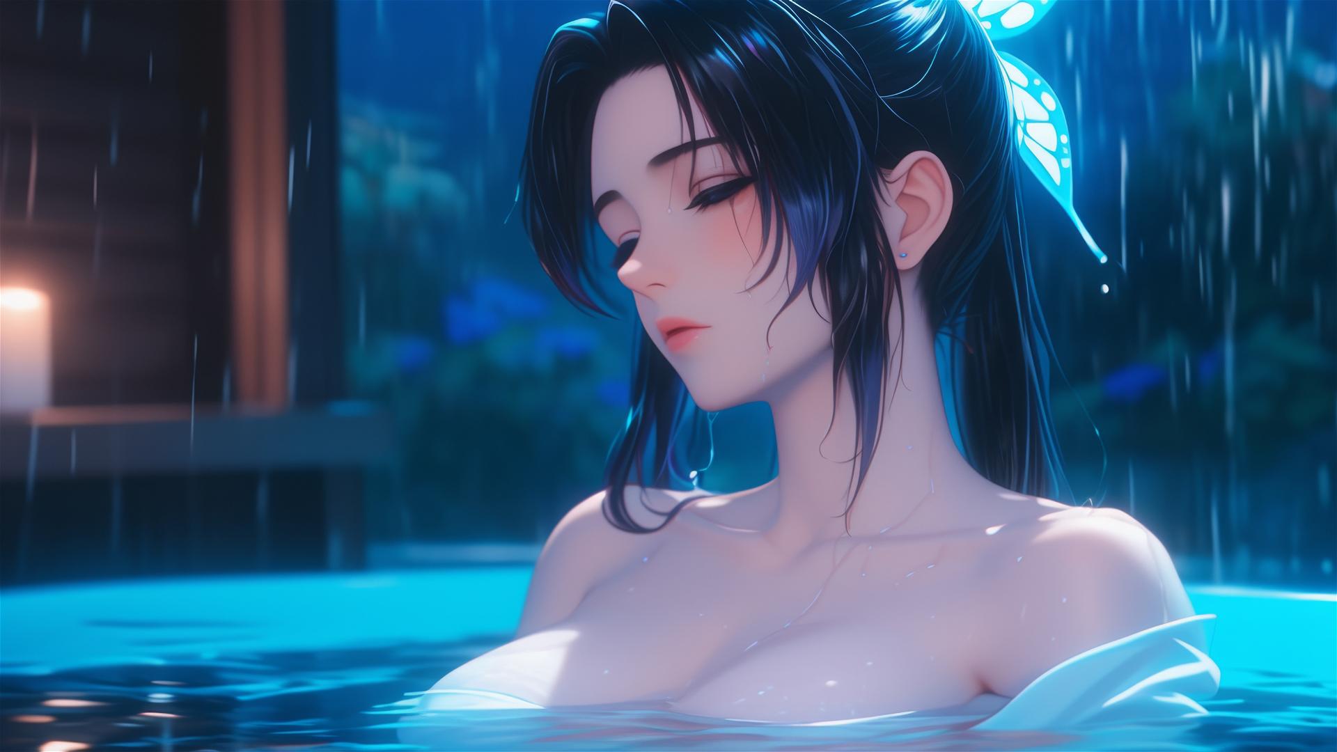 Shinobu Kocho from Demon Slayer resting in a tub with moonlight casting a soft glow