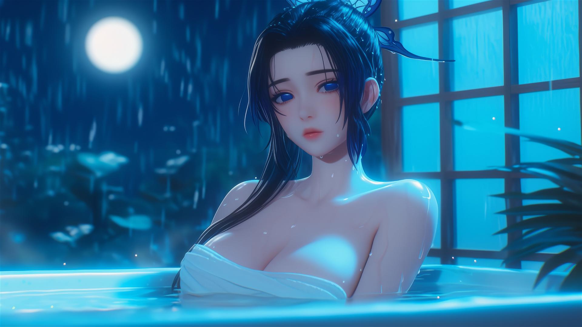 Shinobu Kocho from Demon Slayer resting in a tub under moonlight