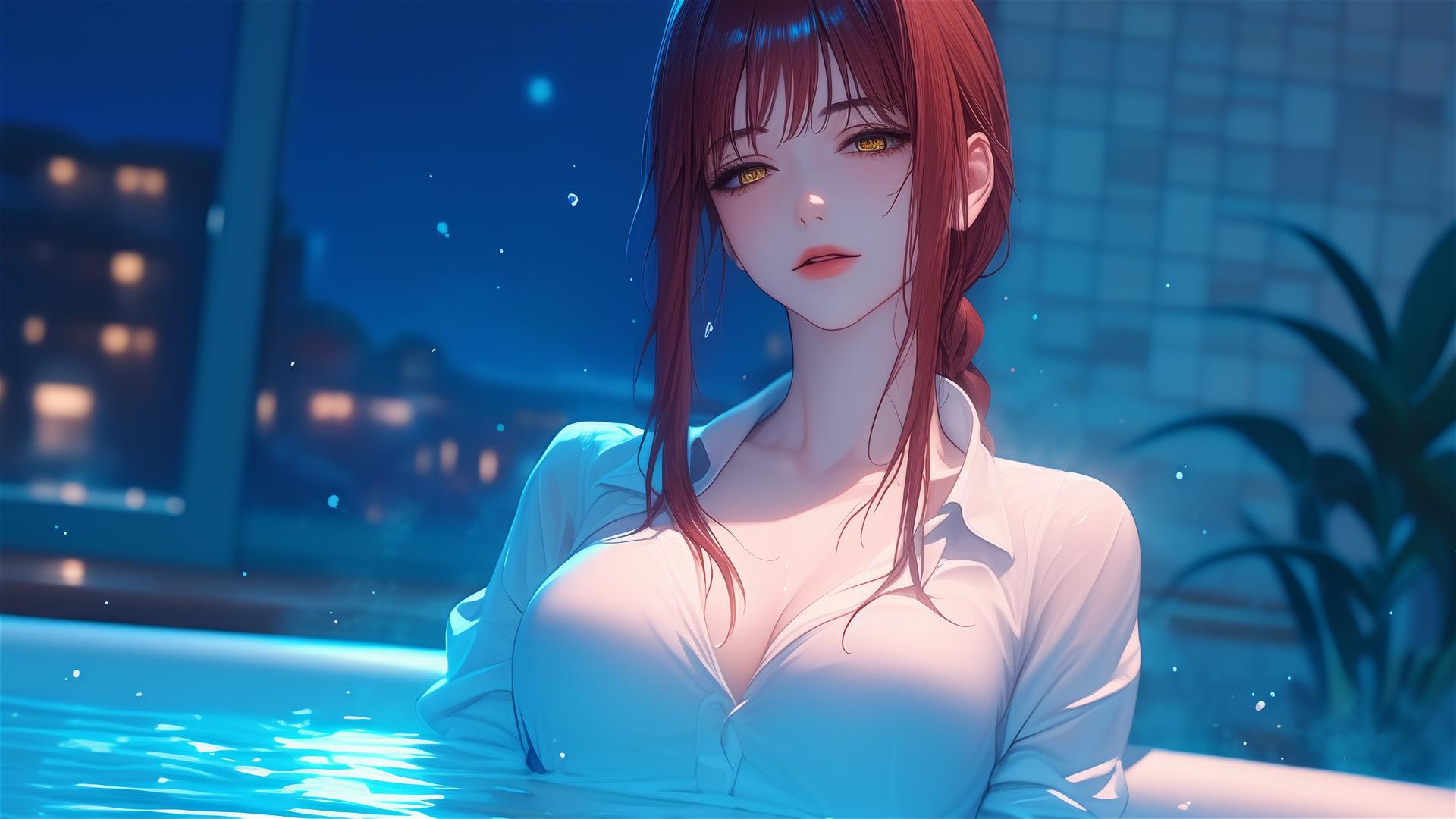 Makima from Chainsaw Man resting in her apartment tub under moon light