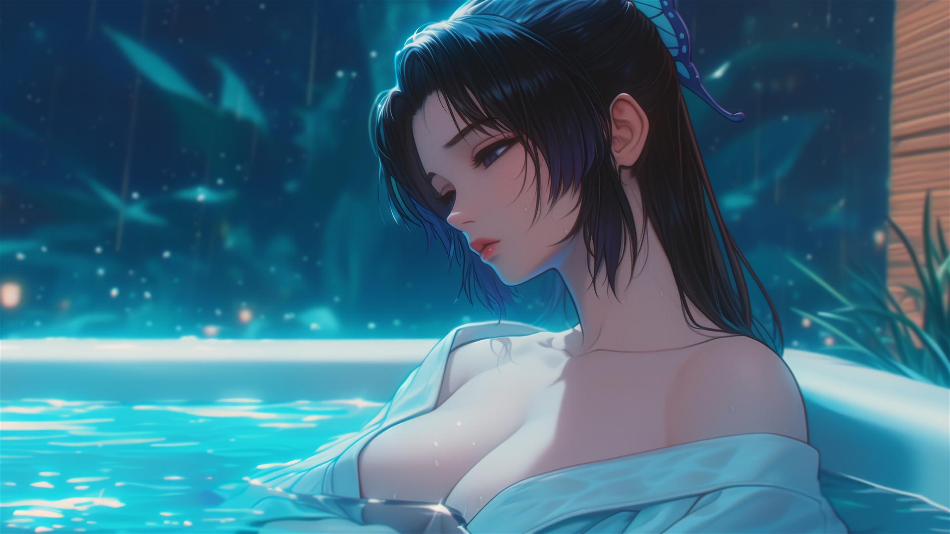 Shinobu Kocho from Demon Slayer resting in apartment tub under moonlight