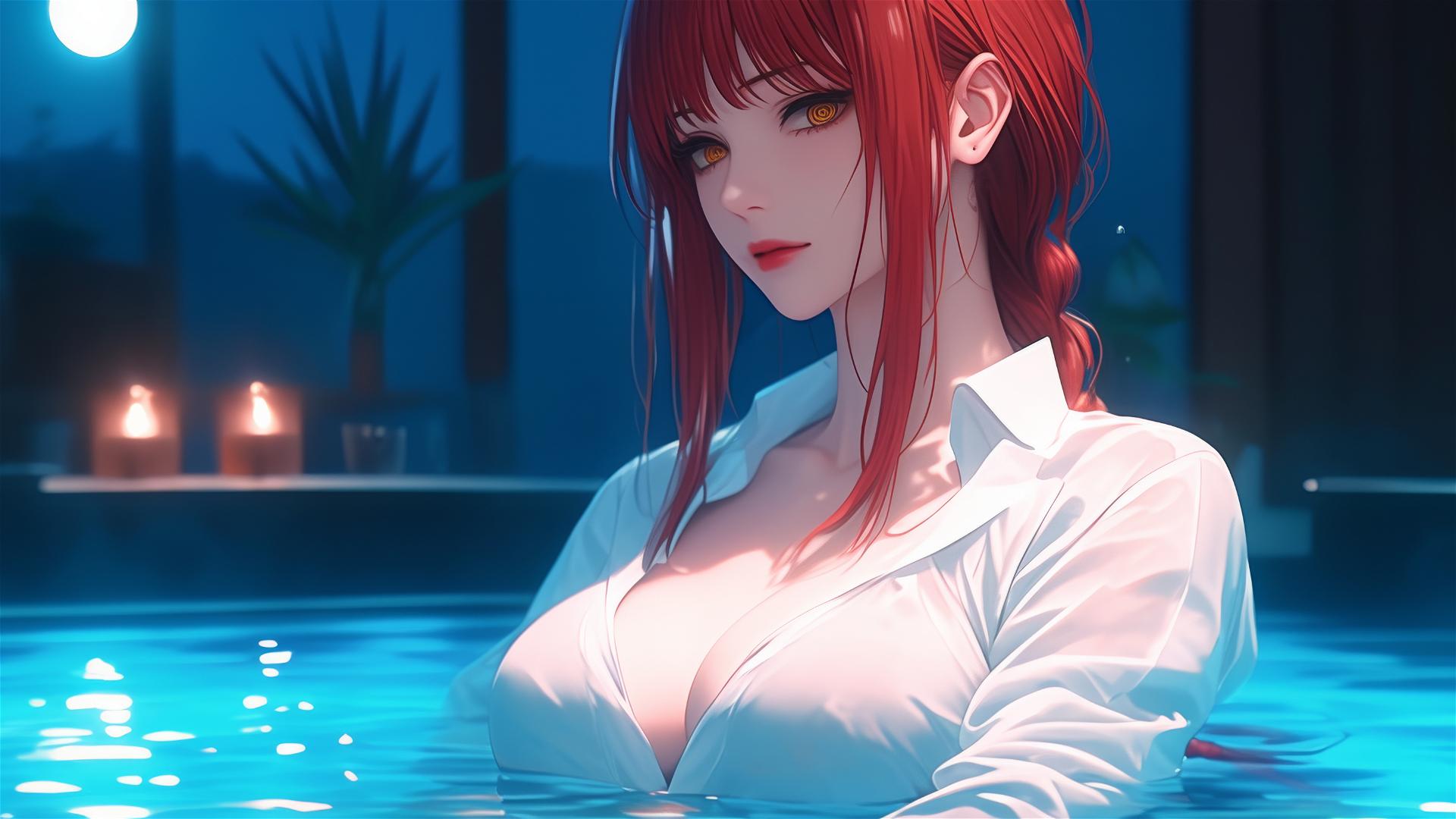 Makima from Chainsaw Man resting in an apartment tub under moonlight