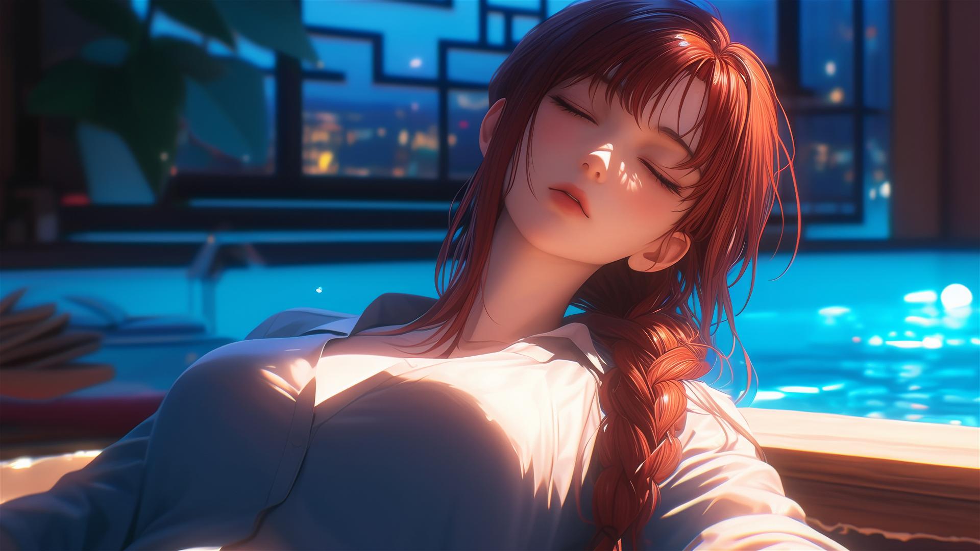 Makima from Chainsaw Man resting in a moonlit tub with red hair
