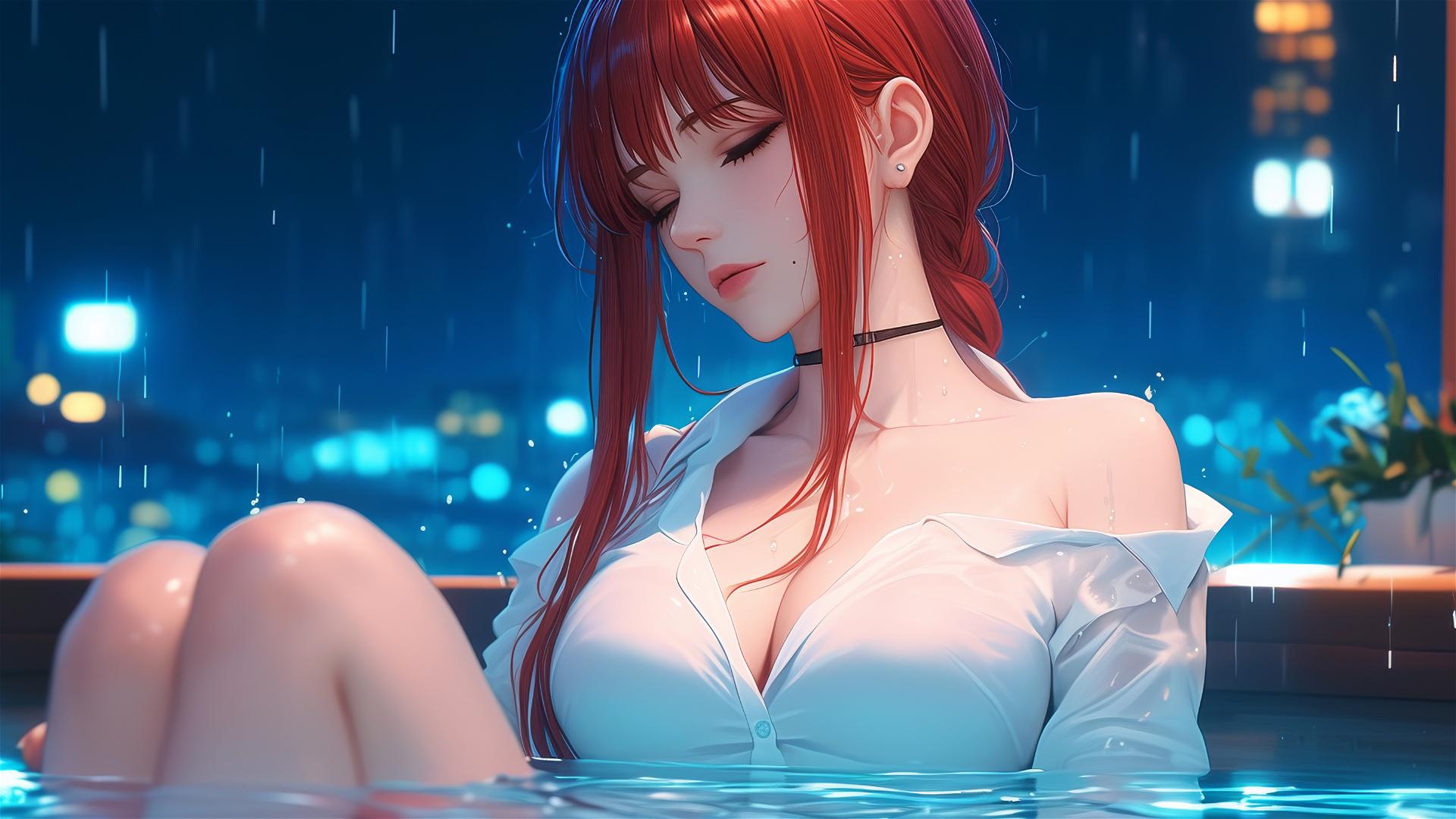 Makima from Chainsaw Man resting in a tub under the moonlight