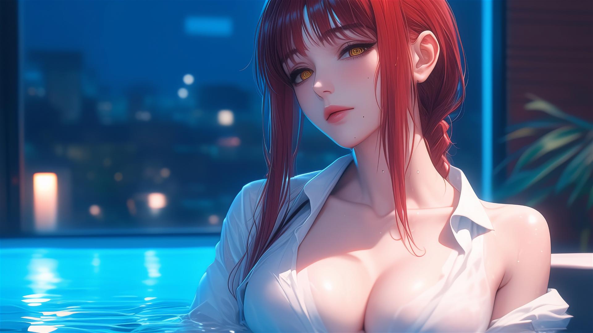 Makima from Chainsaw Man resting in a tub, moonlit redish hair