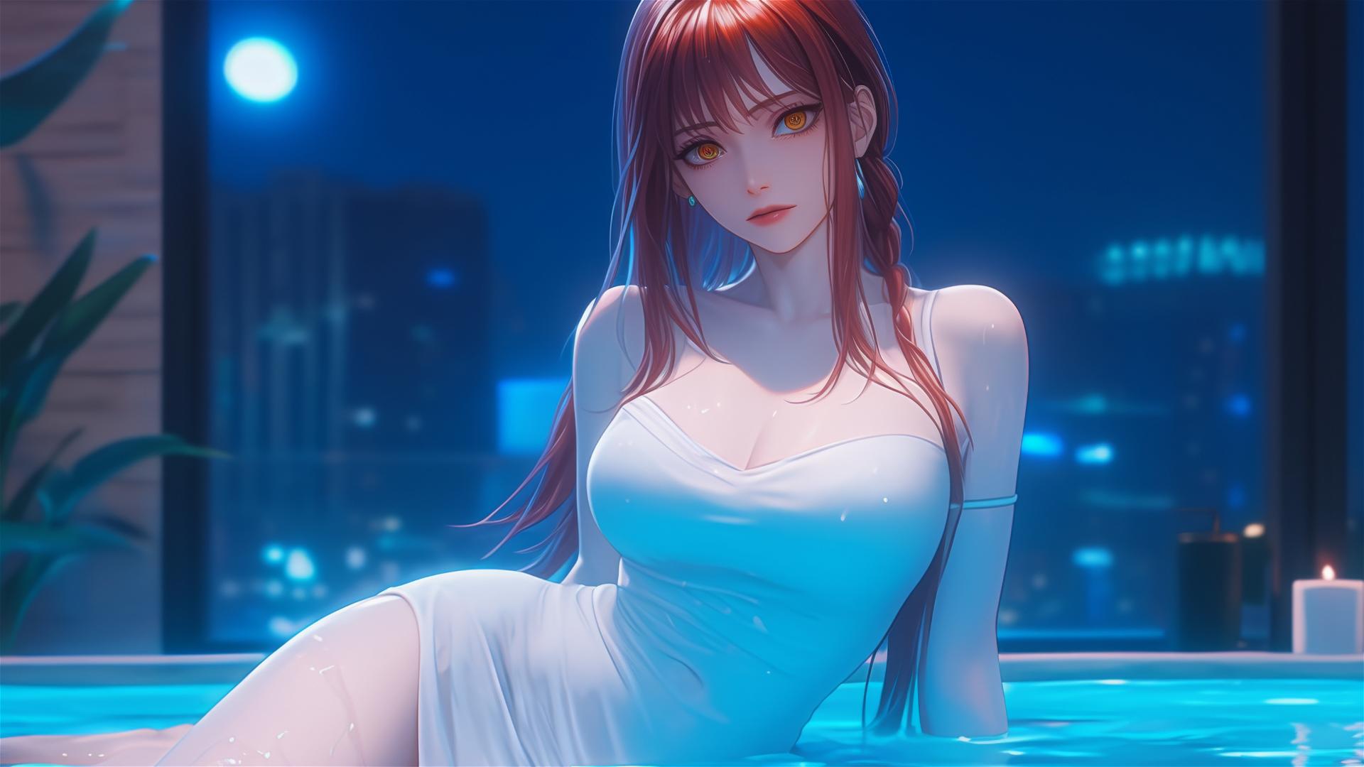 Makima from Chainsaw Man resting in tub under moonlight