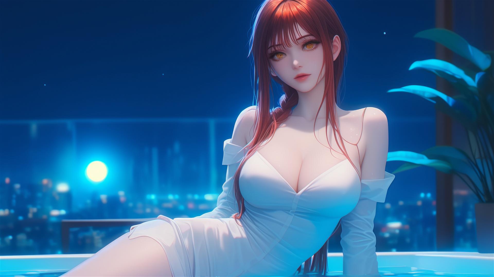 Makima from Chainsaw Man resting in apartment tub under moonlight, with blond, redish hair