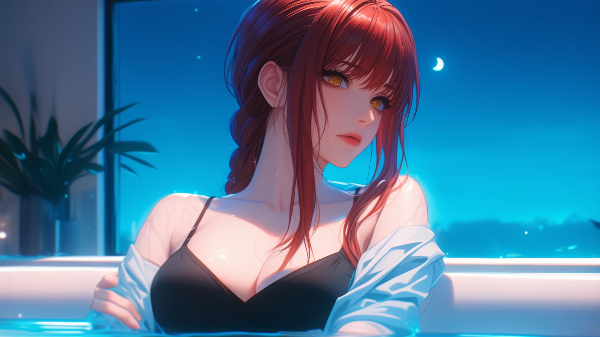 Makima from Chainsaw Man resting in a tub under moonlight with reddish hair