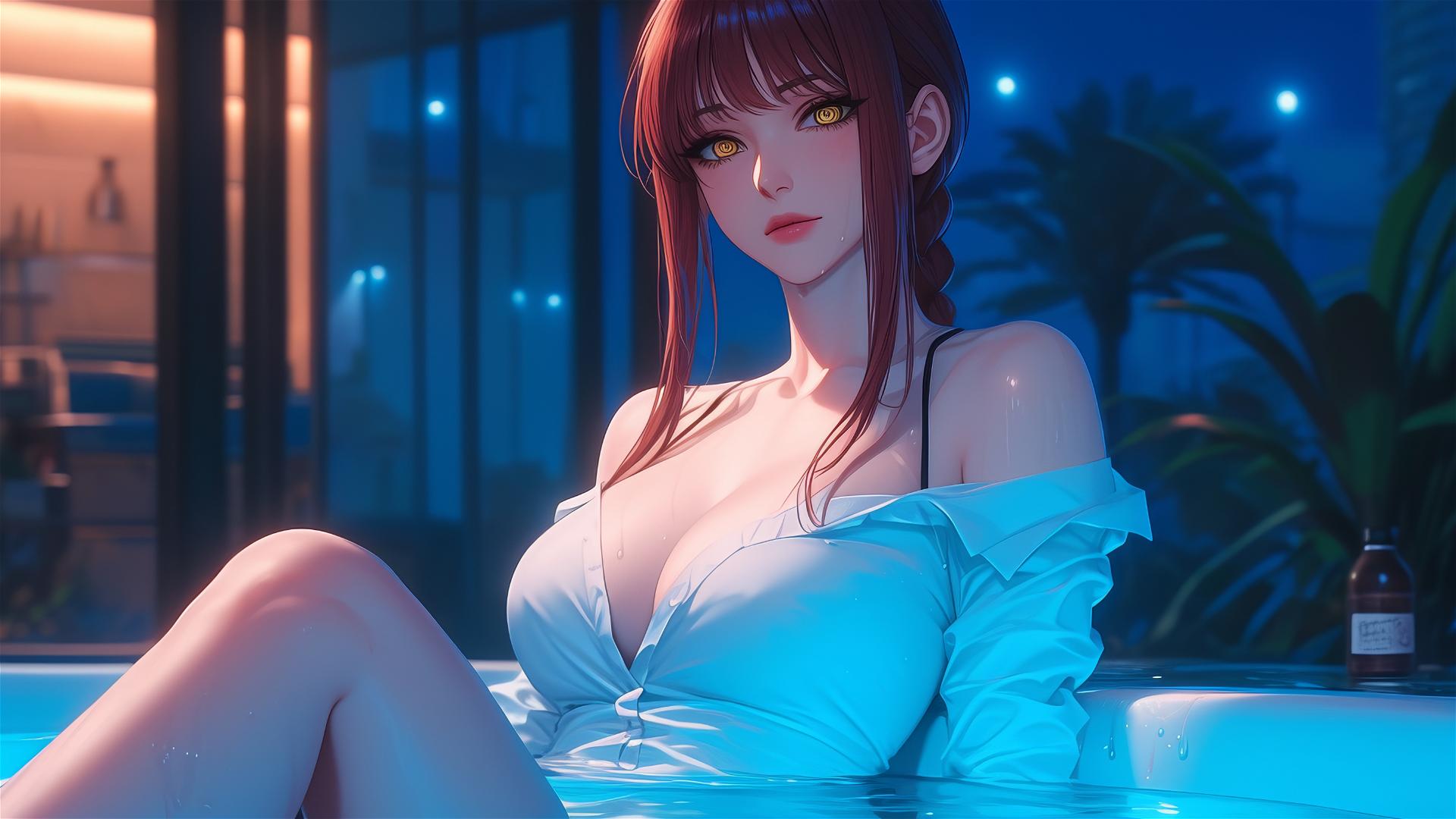 Makima from Chainsaw Man resting in bathtub with moonlit glow
