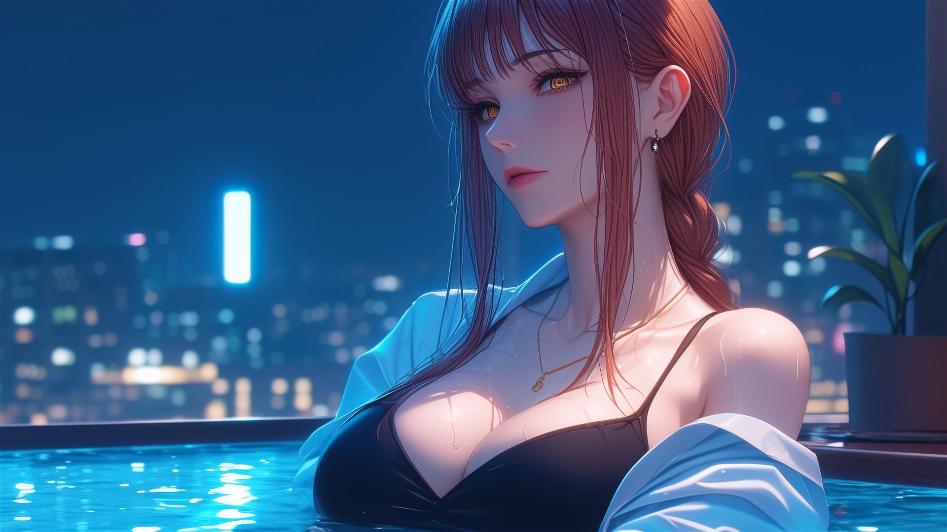 Makima resting in tub, moonlit glow, red-blonde hair