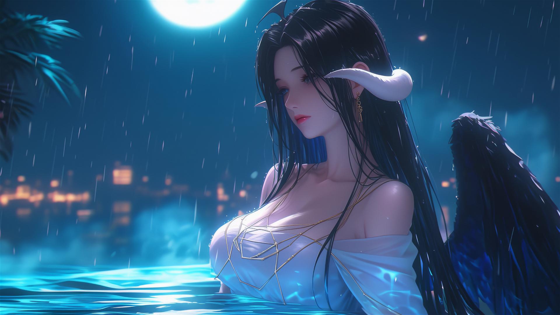 Albedo from Overlord resting in moonlit tub