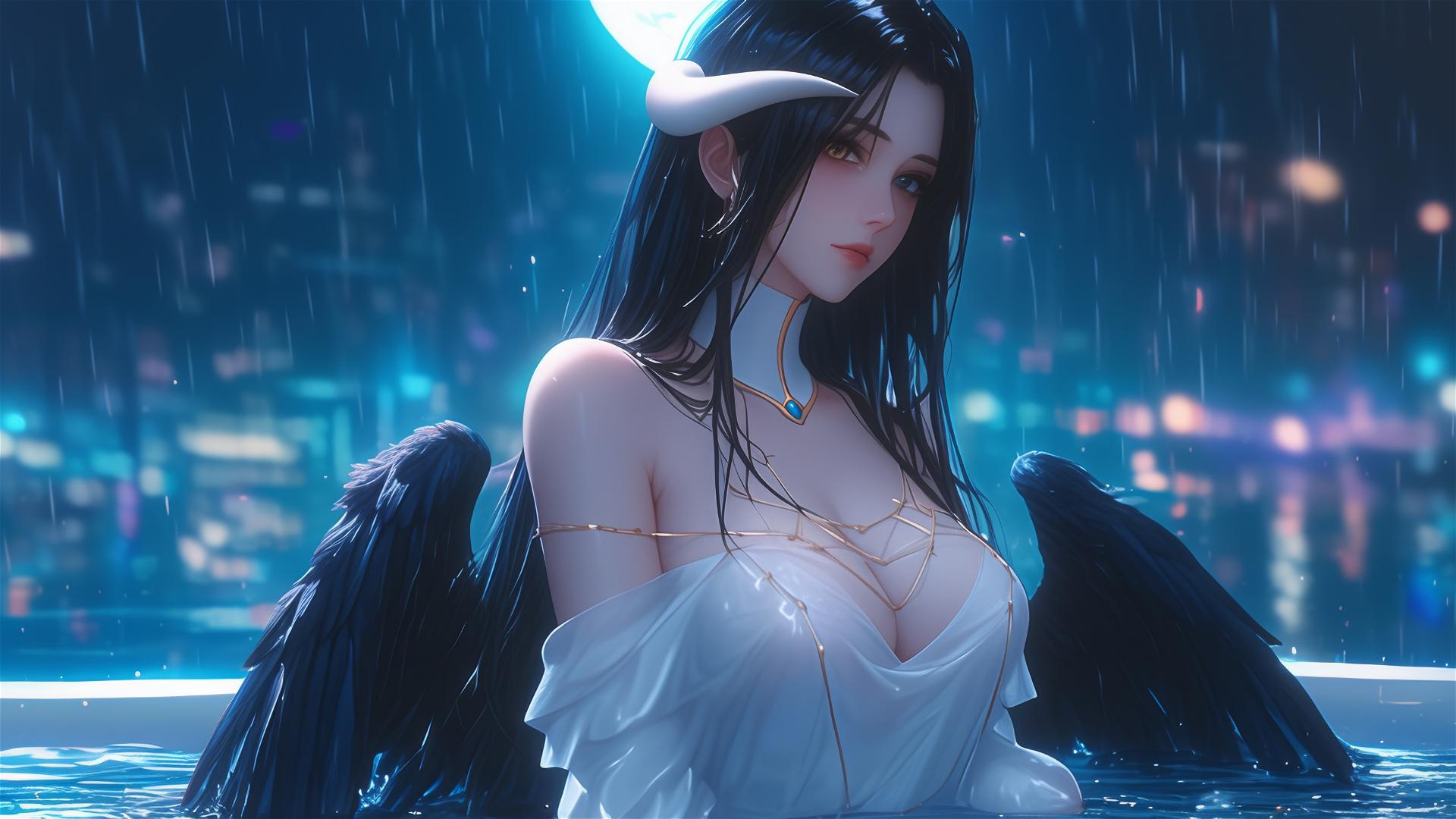 Albedo from Overlord relaxing in her apartment tub under moonlight