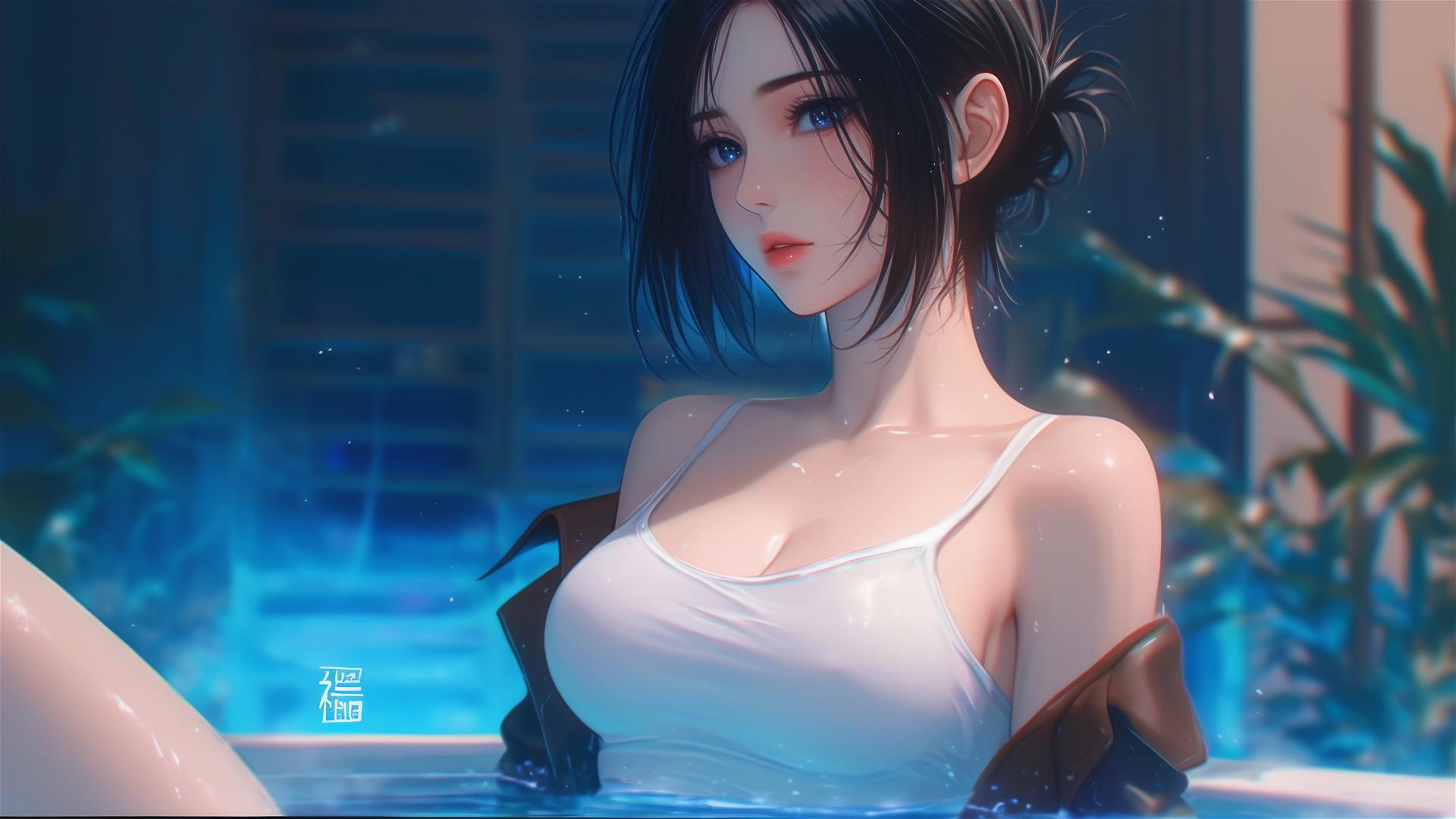 Mikasa Ackerman resting in a tub under moonlight