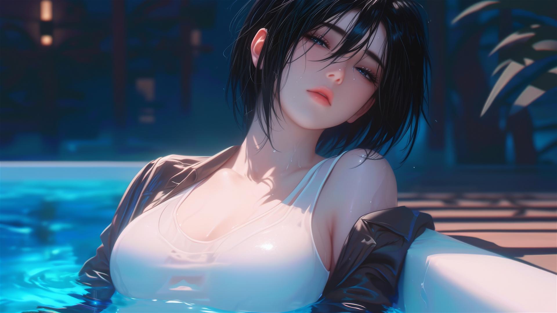 Mikasa Ackerman from Attack on Titan resting in a tub with moonlight casting a glow